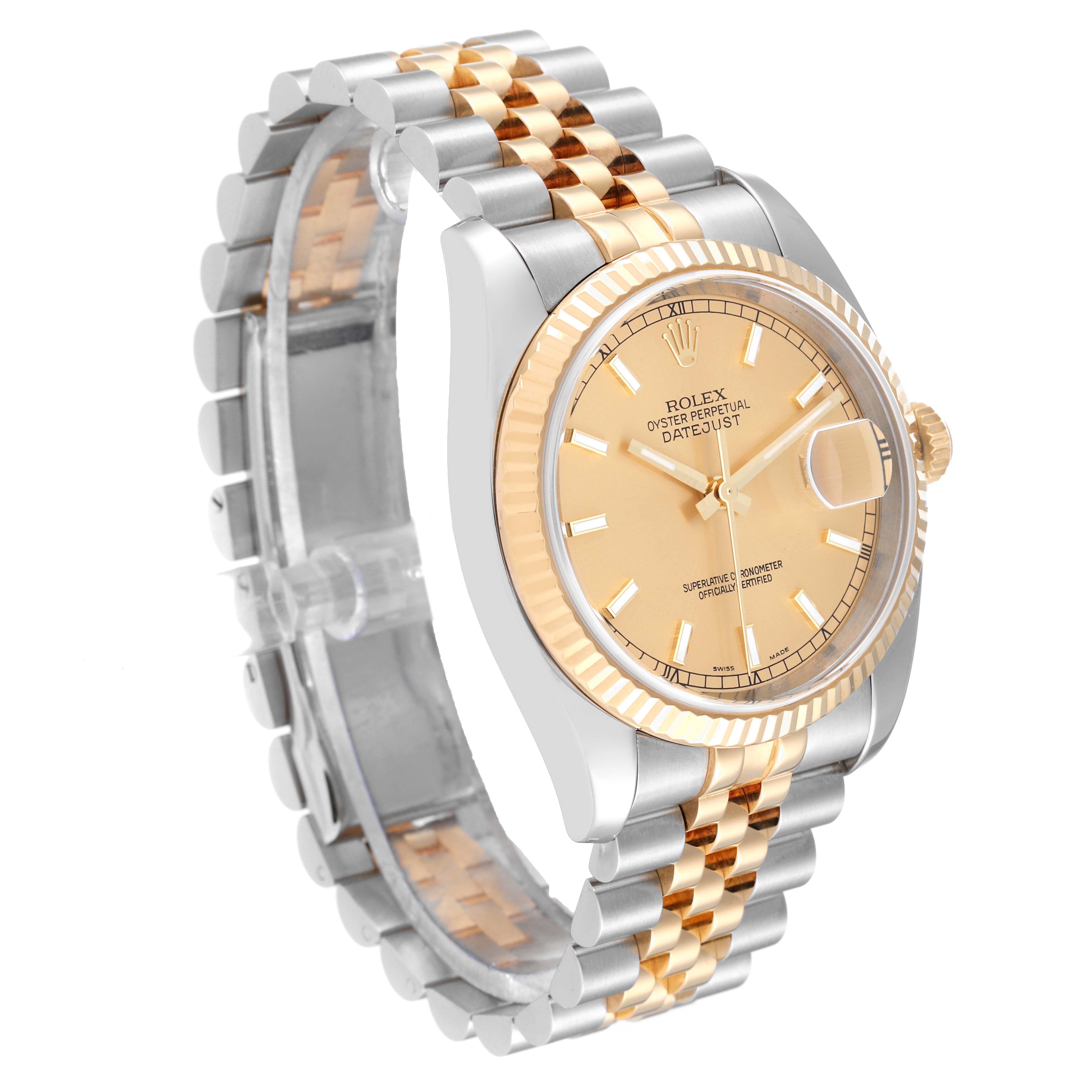 This image shows a Rolex Datejust 116233 Men's Steel and Gold (two tone) Champagne Dial 116233 Men's Steel and Gold (two tone) Champagne Dial watch at a three-quarter angle, highlighting the face, bezel, and two-tone bracelet.