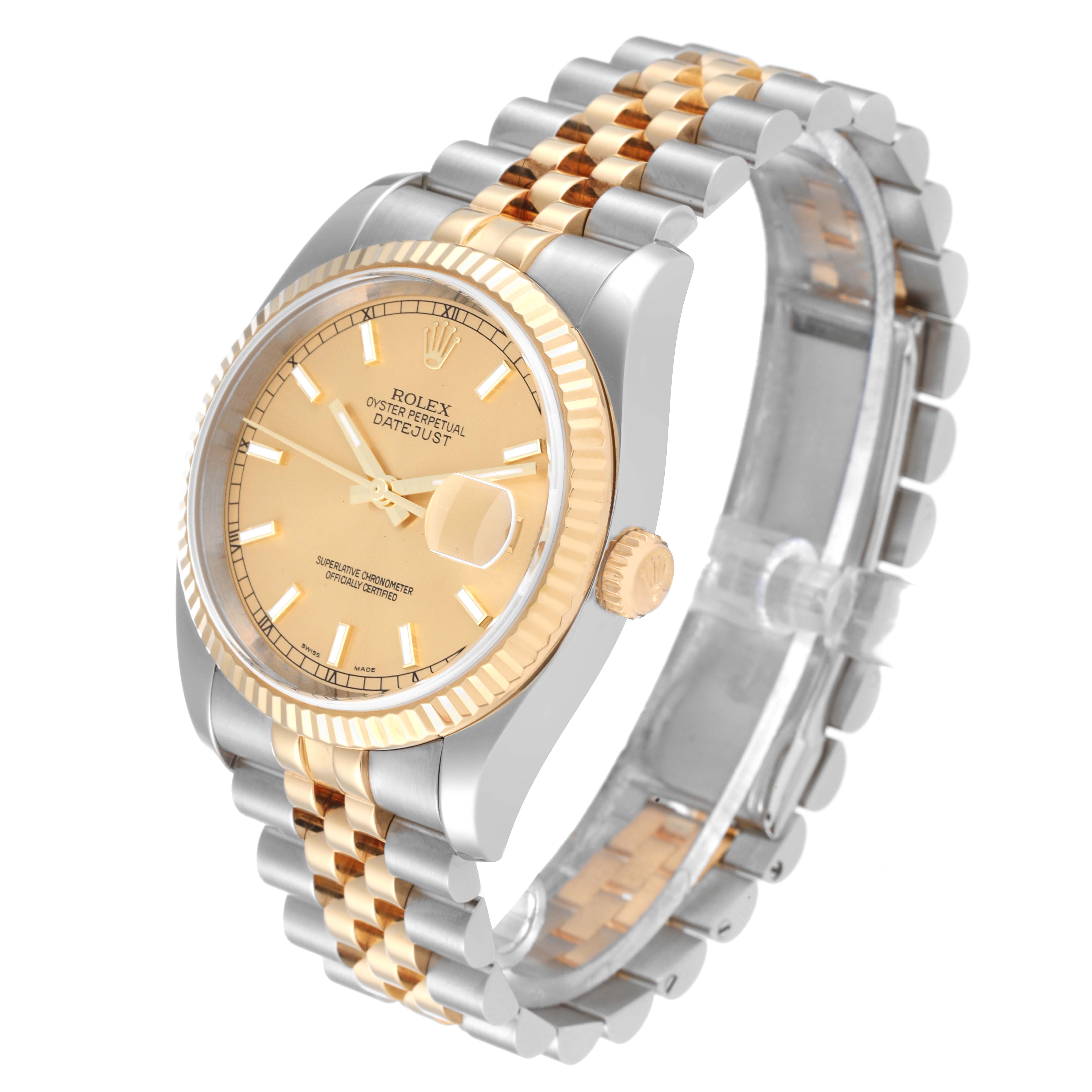 This image shows the Rolex Datejust 116233 Men's Steel and Gold (two tone) Champagne Dial 116233 Men's Steel and Gold (two tone) Champagne Dial watch at a 3/4 angle, highlighting the dial, fluted bezel, and Jubilee bracelet.