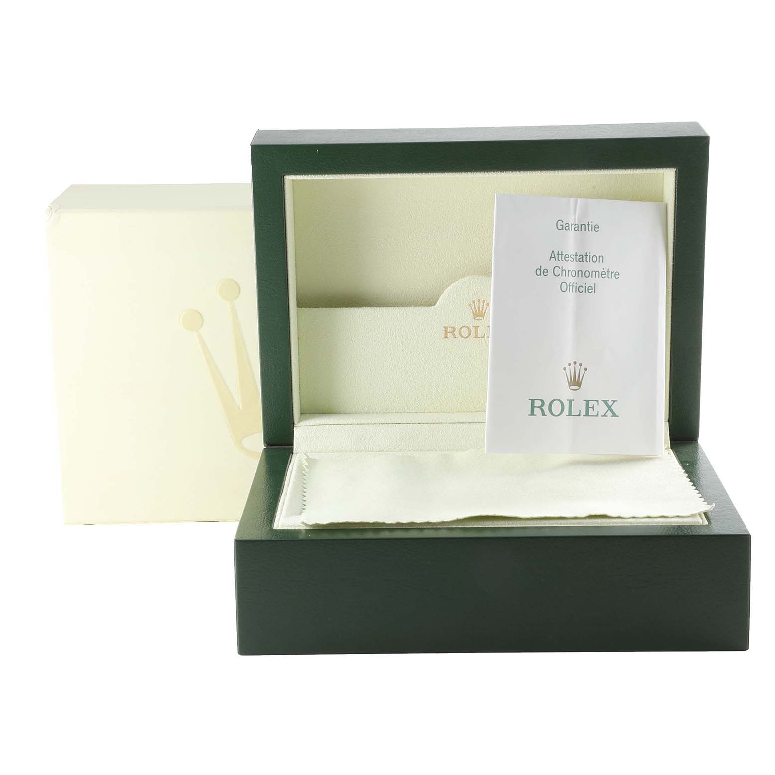 This image shows the open packaging of a Rolex Datejust 116233 Men's Steel and Gold (two tone) Champagne Dial 116233 Men's Steel and Gold (two tone) Champagne Dial with a box, certificate, and inner protective cloth.