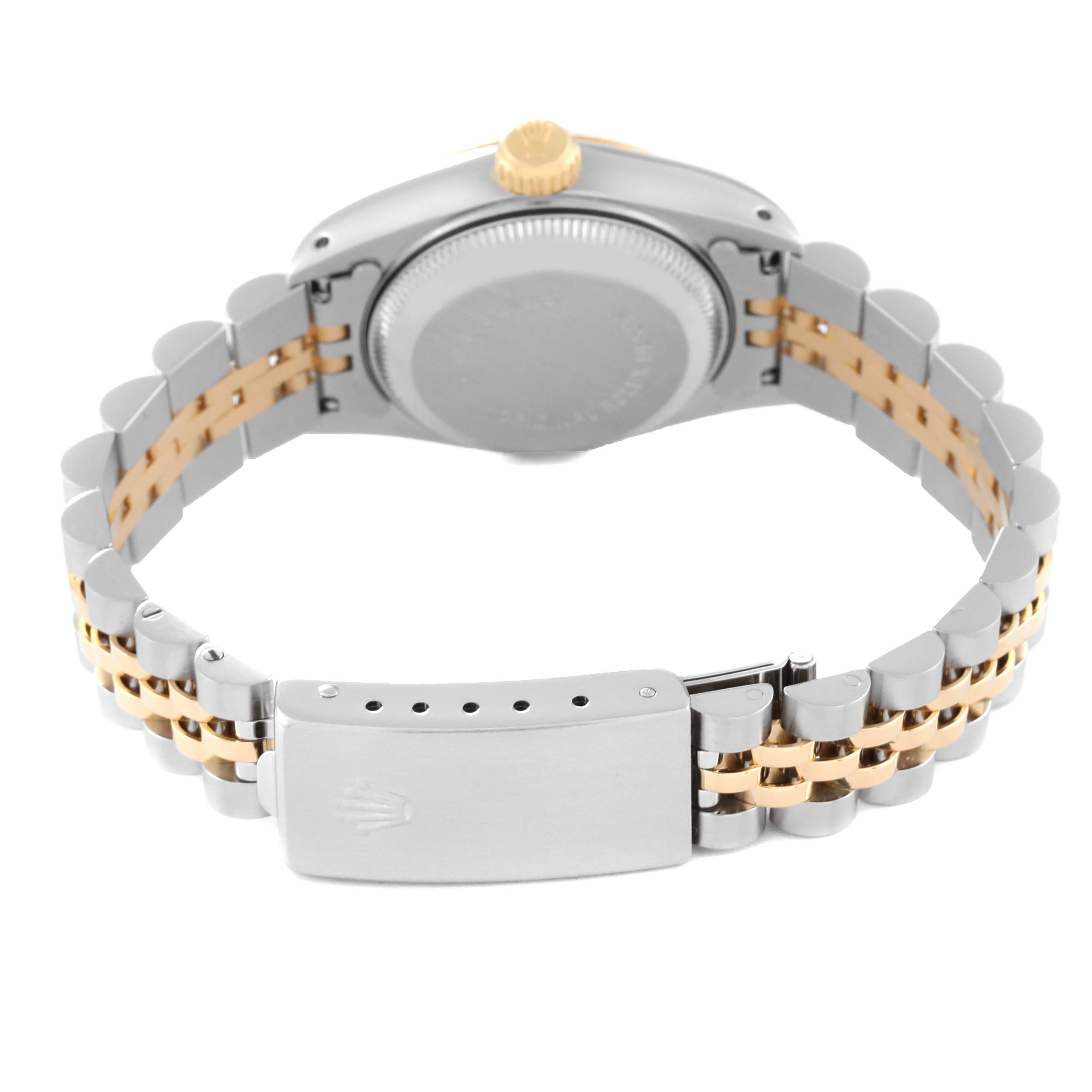 The image shows the back of a Rolex Datejust 69173 Women's Steel and Gold (two tone) Champagne Dial 69173 Women's Steel and Gold (two tone) Champagne Dial watch with its metallic and gold link bracelet and closed clasp.