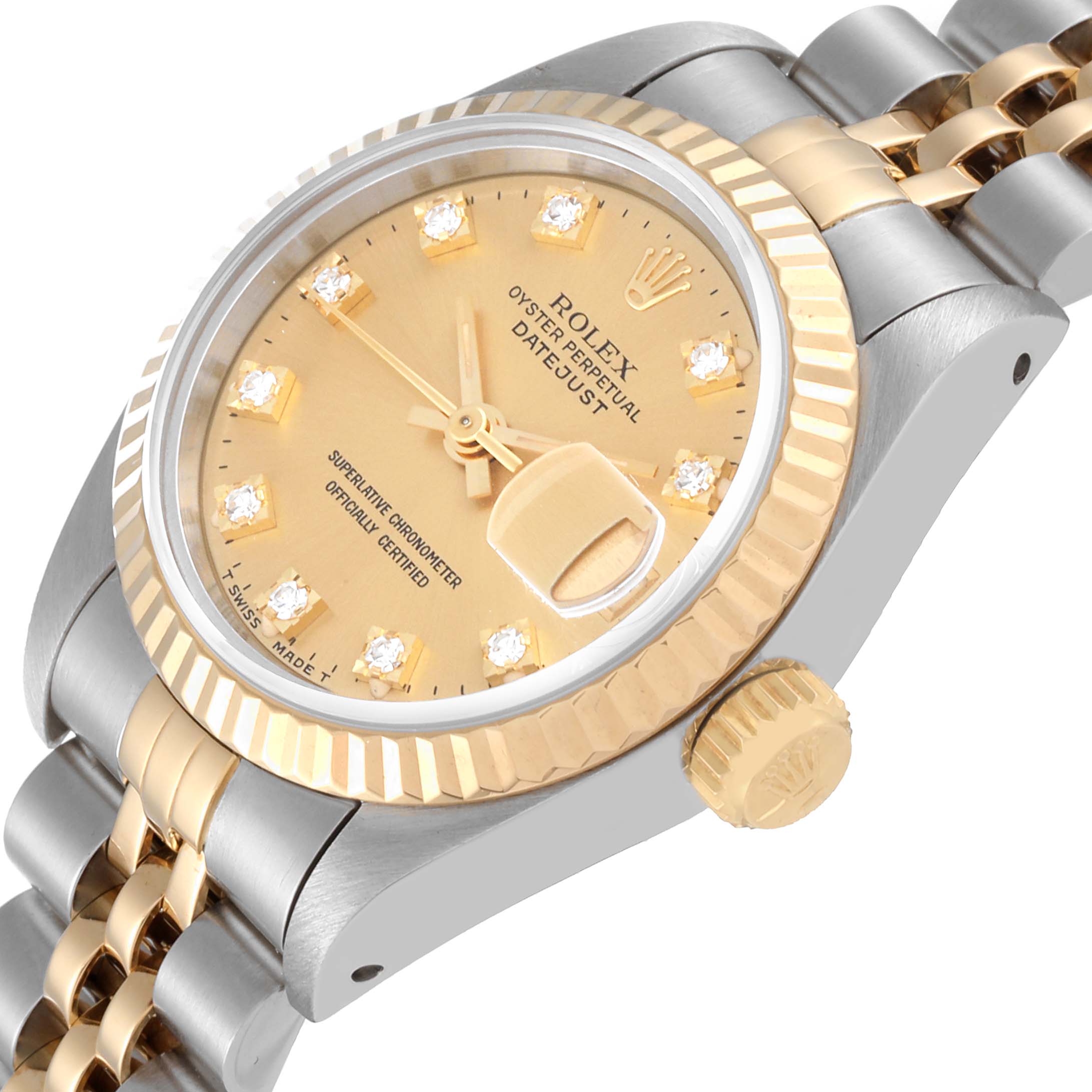 This image shows the front and right side of the Rolex Datejust 69173 Women's Steel and Gold (two tone) Champagne Dial 69173 Women's Steel and Gold (two tone) Champagne Dial watch, highlighting its bezel, dial, and crown.