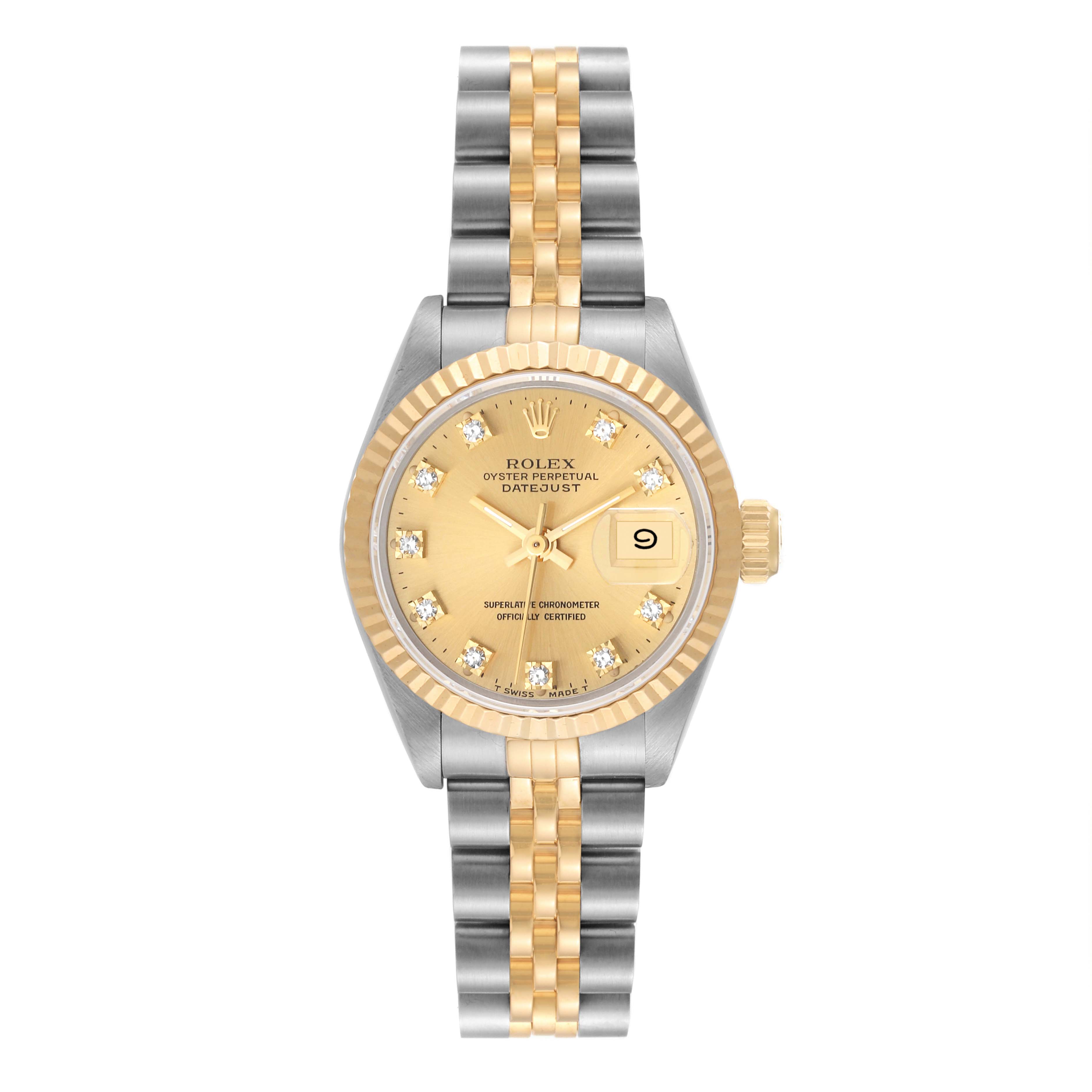The image shows the Rolex Datejust 69173 Women's Steel and Gold (two tone) Champagne Dial 69173 Women's Steel and Gold (two tone) Champagne Dial model from a top-down angle, featuring the face, bezel, and bracelet.