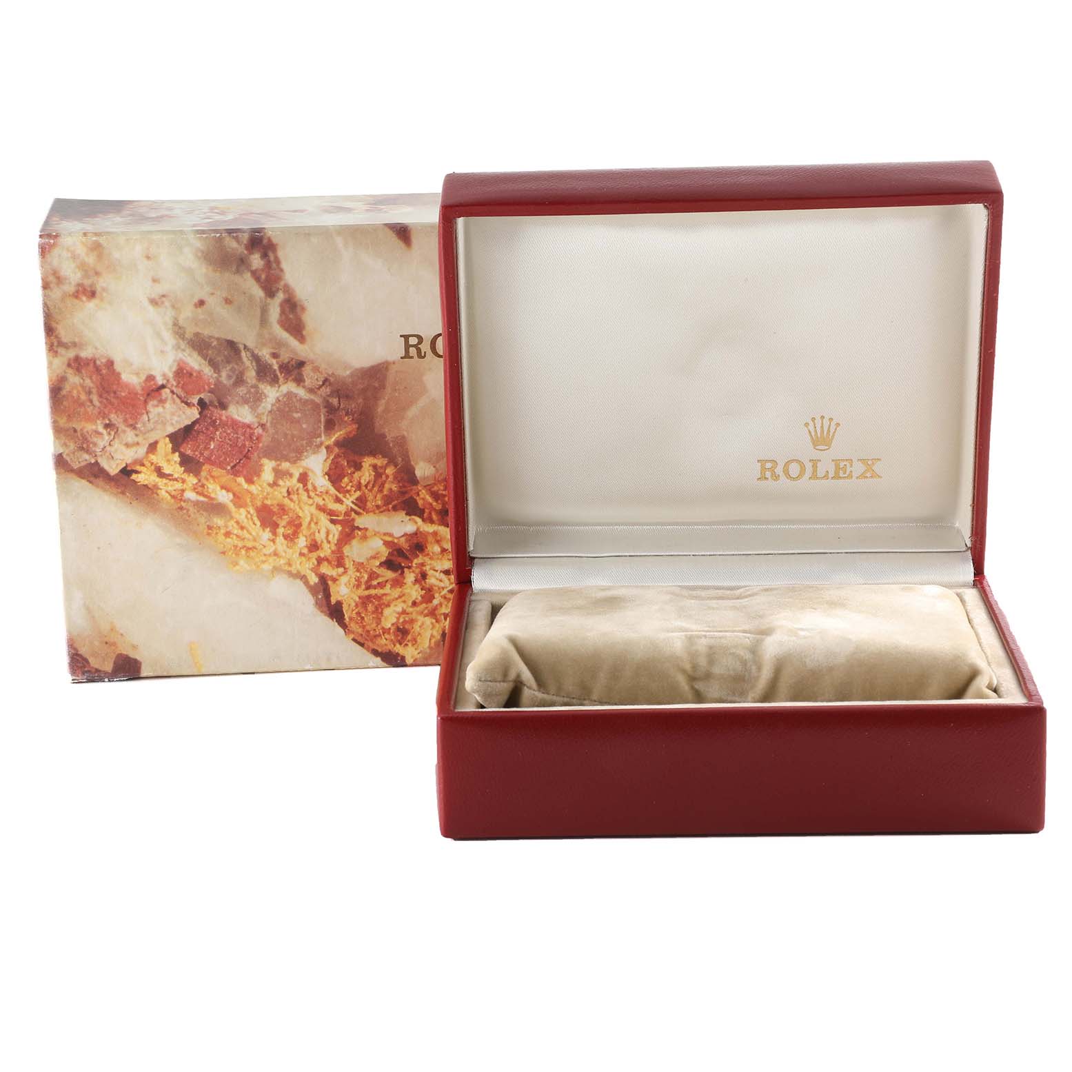 This image shows a Rolex Datejust 69173 Women's Steel and Gold (two tone) Champagne Dial 69173 Women's Steel and Gold (two tone) Champagne Dial box and cushion, viewed from the front with the lid open, revealing the interior branding.