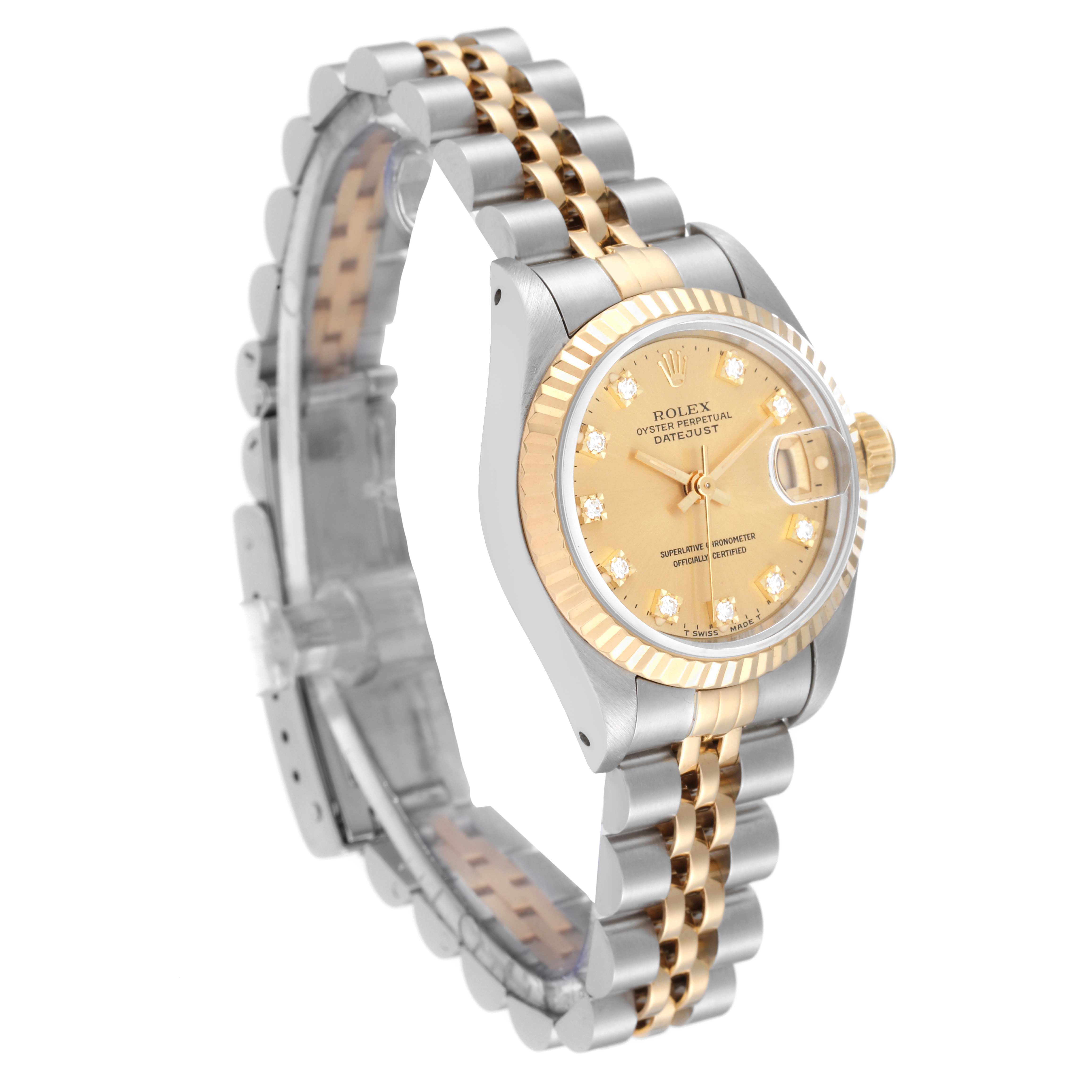 The image shows a Rolex Datejust 69173 Women's Steel and Gold (two tone) Champagne Dial 69173 Women's Steel and Gold (two tone) Champagne Dial watch at a slight side angle, highlighting its dial, bezel, and bracelet.