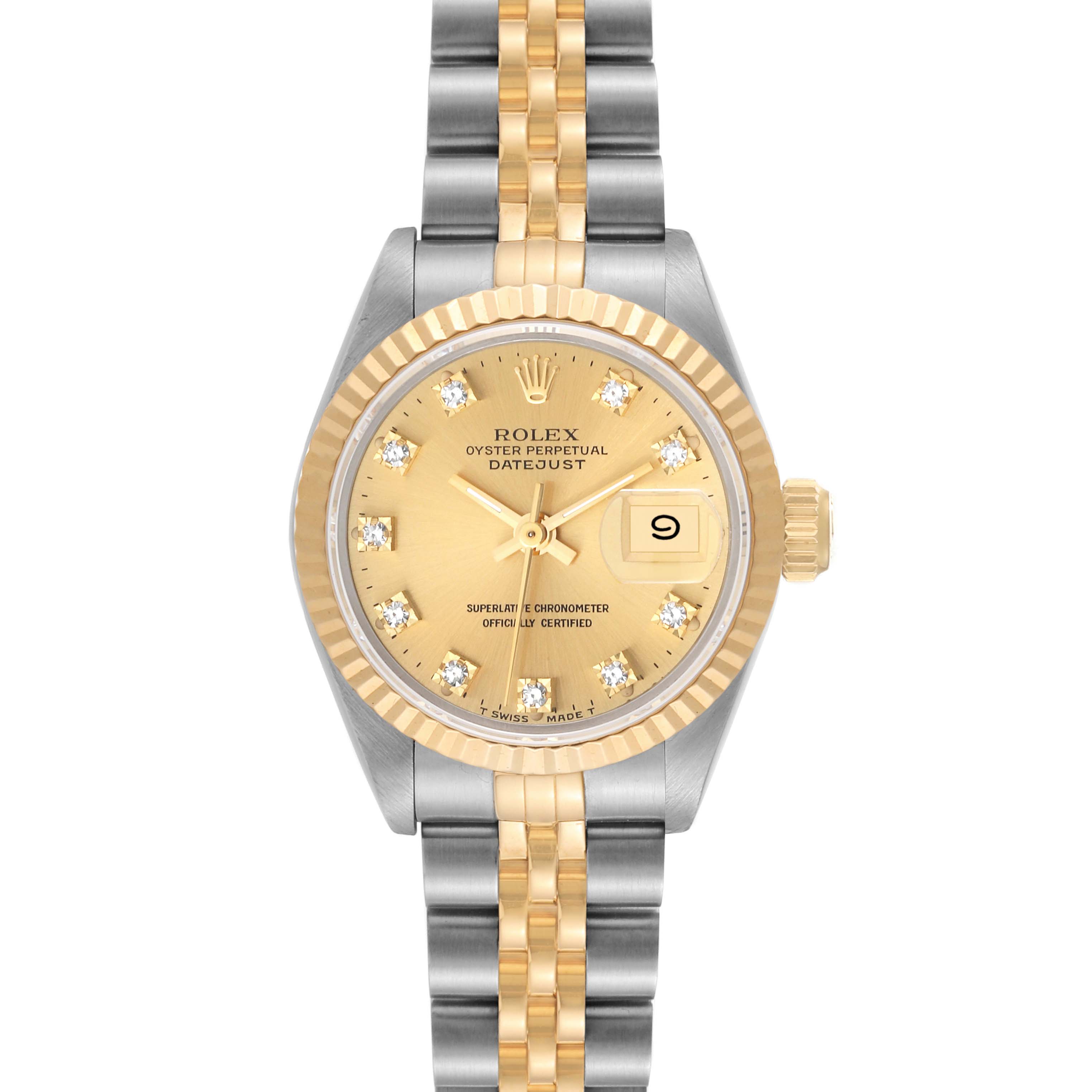 The image shows a front view of a Rolex Datejust 69173 Women's Steel and Gold (two tone) Champagne Dial 69173 Women's Steel and Gold (two tone) Champagne Dial watch, highlighting its dial, bezel, and two-tone bracelet.