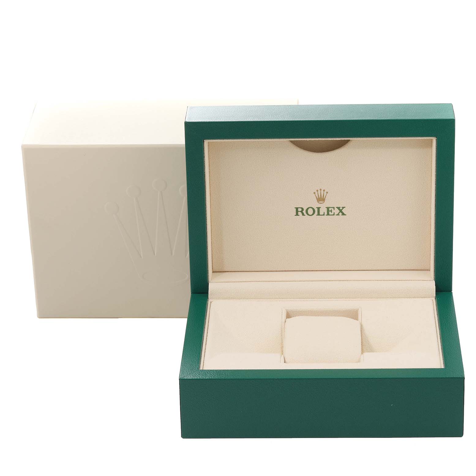 The image shows an open green and beige Rolex Datejust 116243 Men's Steel and Gold (two tone) Champagne Dial 116243 Men's Steel and Gold (two tone) Champagne Dial watch box with the Rolex logo inside.