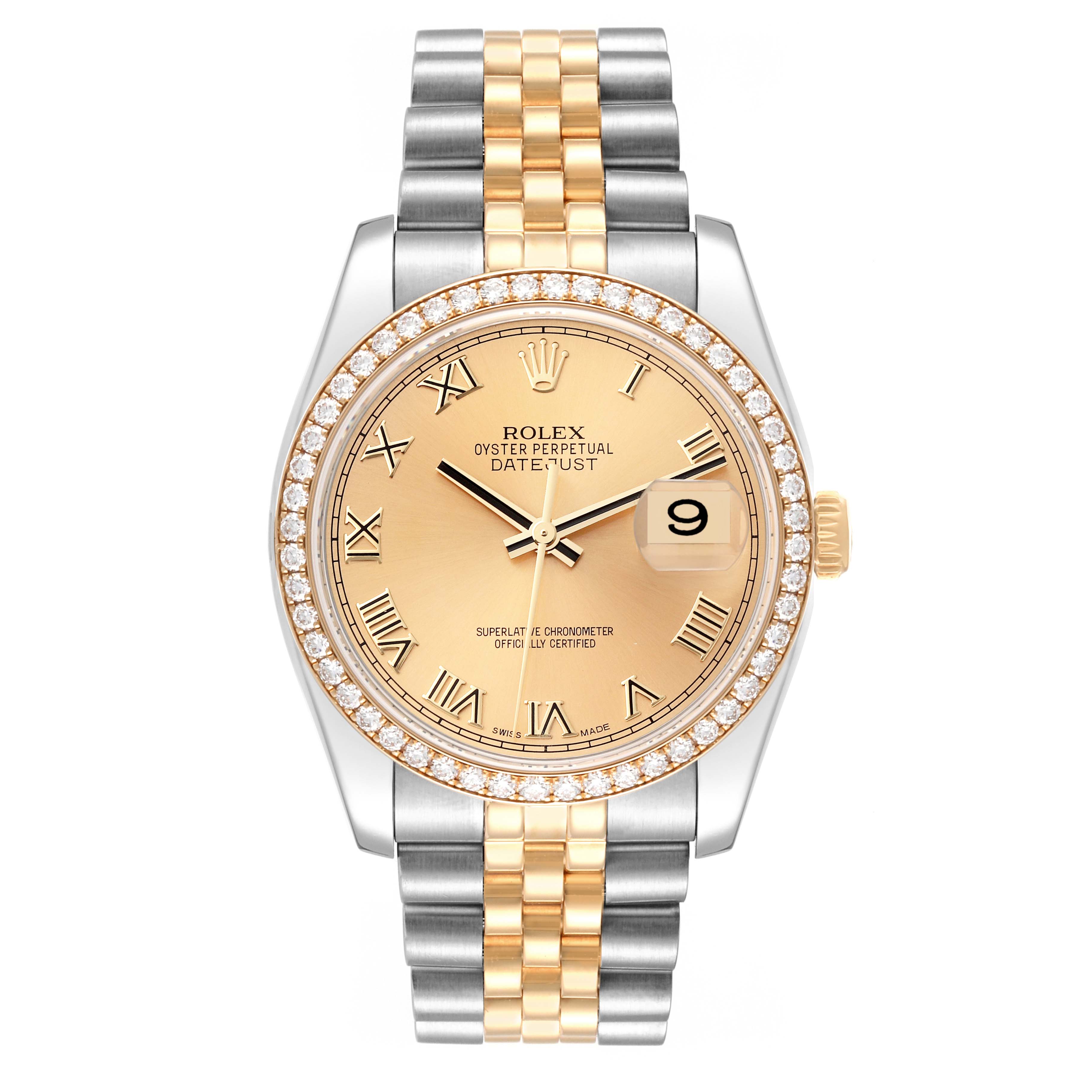 The image shows a front view of a Rolex Datejust 116243 Men's Steel and Gold (two tone) Champagne Dial 116243 Men's Steel and Gold (two tone) Champagne Dial watch featuring a gold and silver bracelet and a diamond-encrusted bezel.