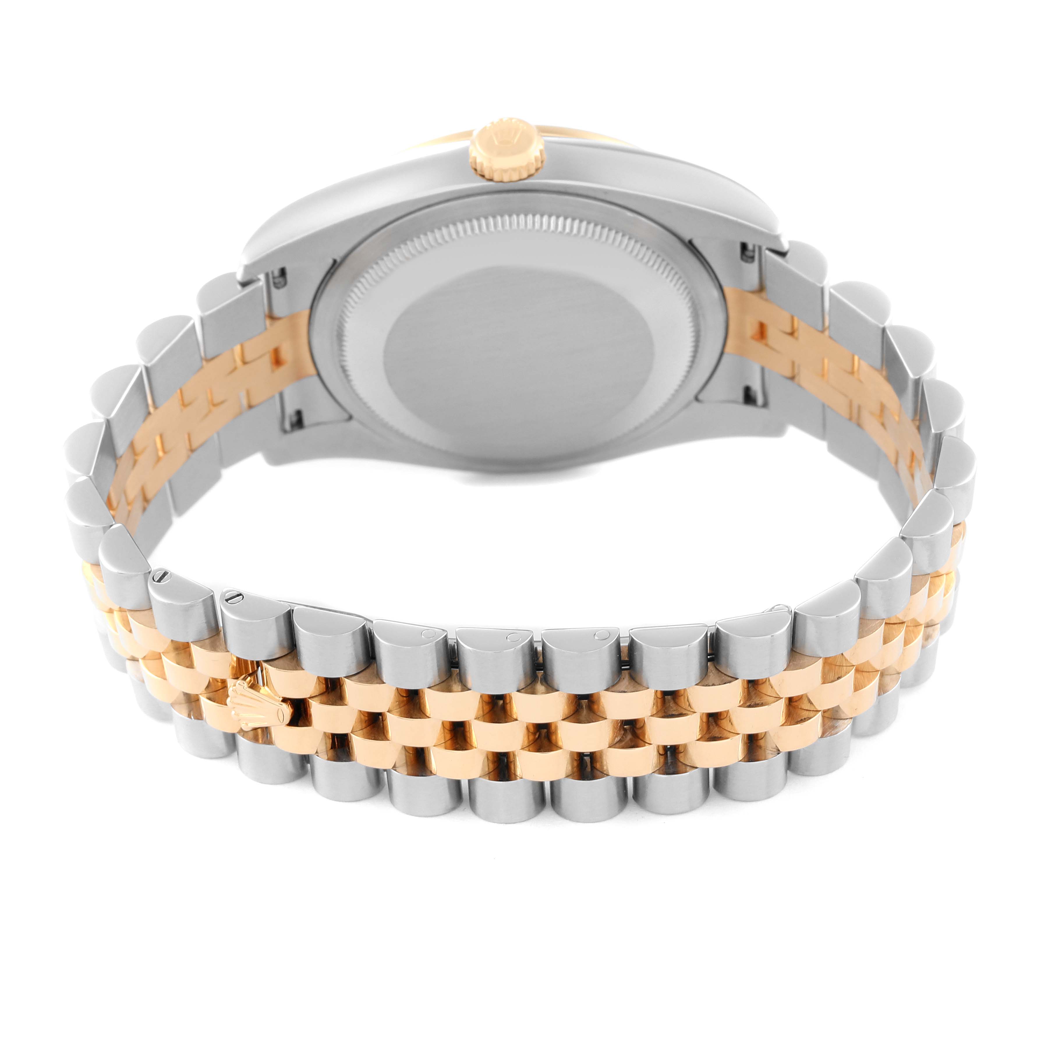 A Rolex Datejust 116243 Men's Steel and Gold (two tone) Champagne Dial 116243 Men's Steel and Gold (two tone) Champagne Dial watch is shown from the back, displaying its closed case and two-tone metal bracelet.