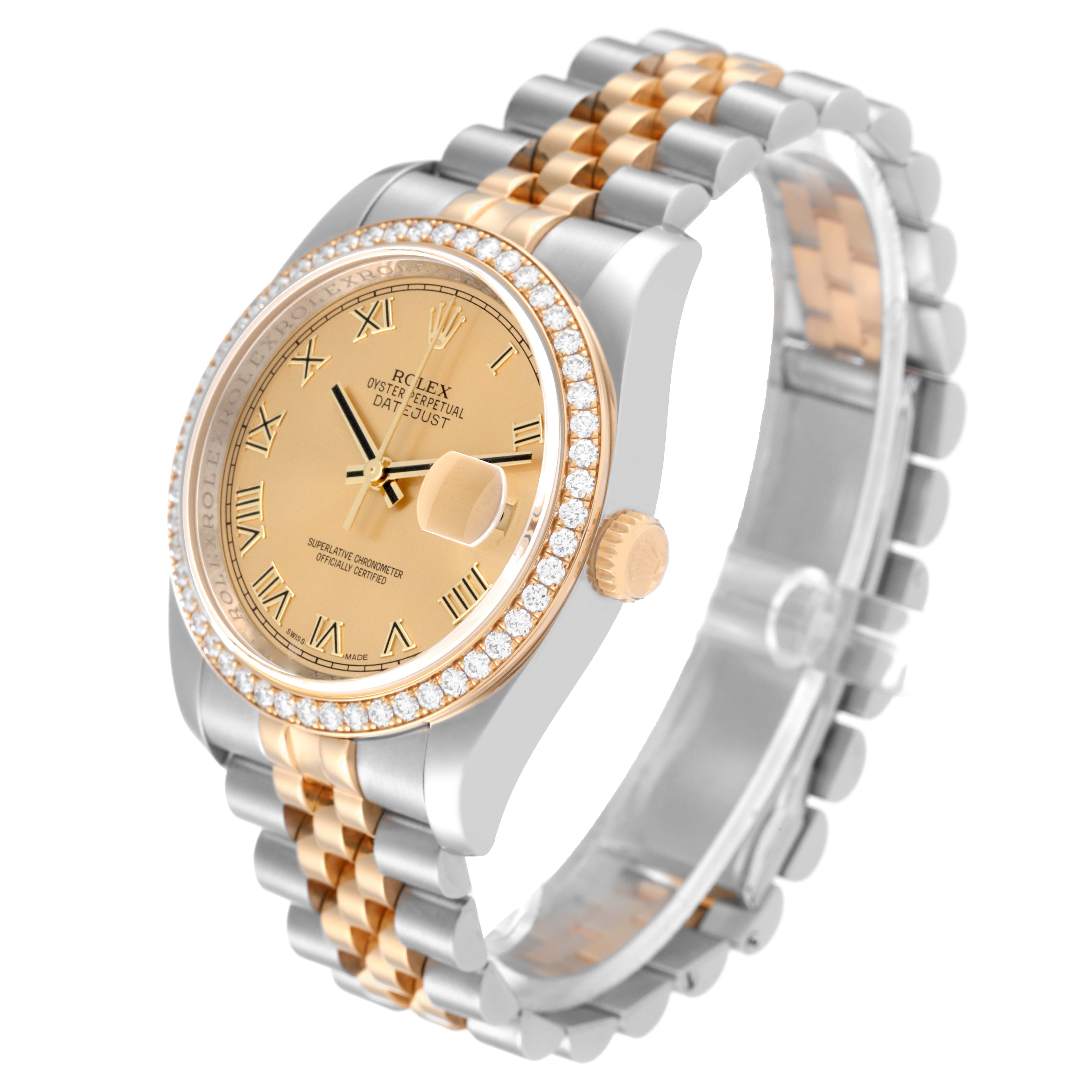 The image shows a Rolex Datejust 116243 Men's Steel and Gold (two tone) Champagne Dial 116243 Men's Steel and Gold (two tone) Champagne Dial watch from a slight side angle, highlighting its two-tone bracelet, gold dial, and diamond bezel.