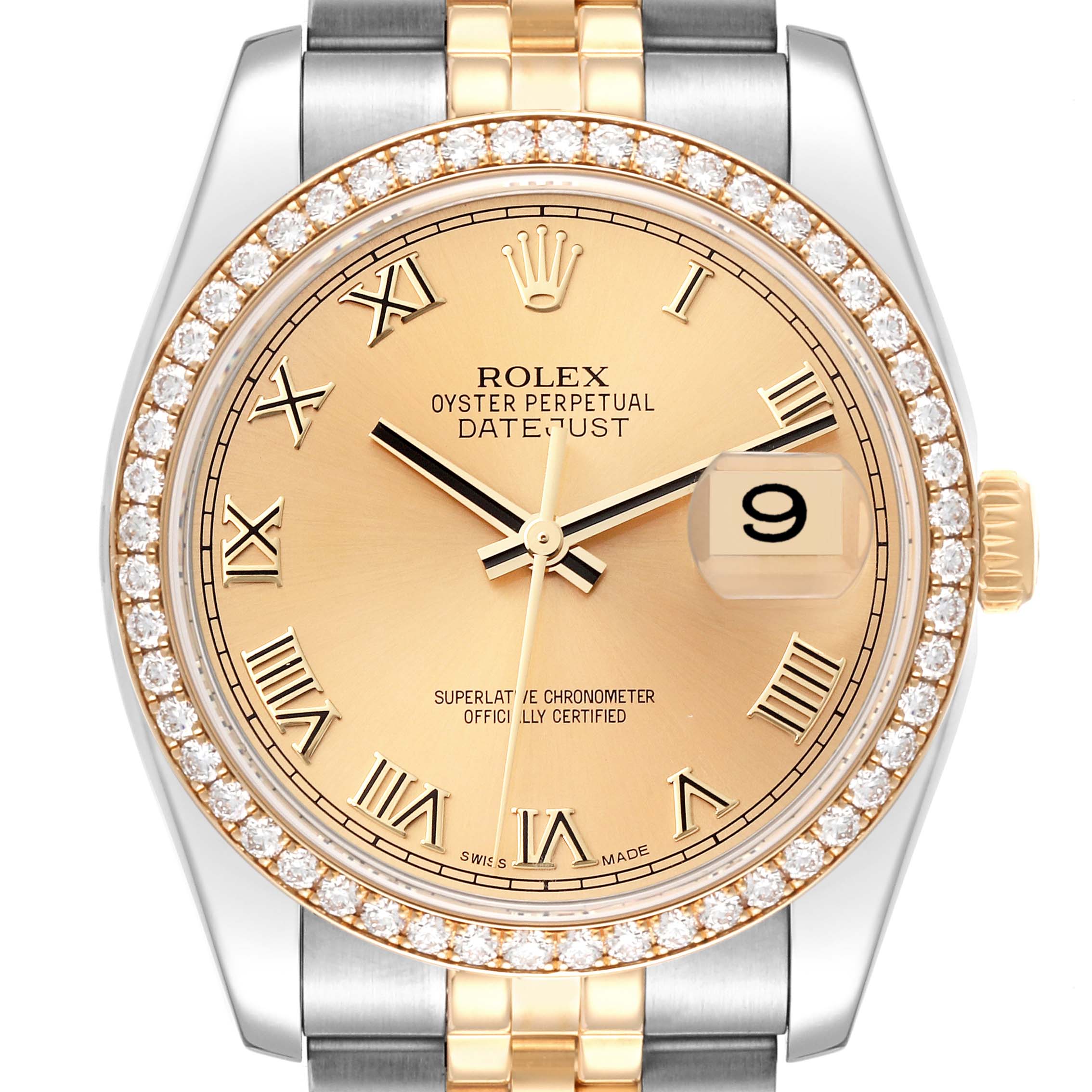 The image shows a close-up front view of a Rolex Datejust 116243 Men's Steel and Gold (two tone) Champagne Dial 116243 Men's Steel and Gold (two tone) Champagne Dial watch, highlighting its face, bezel, and part of the bracelet.