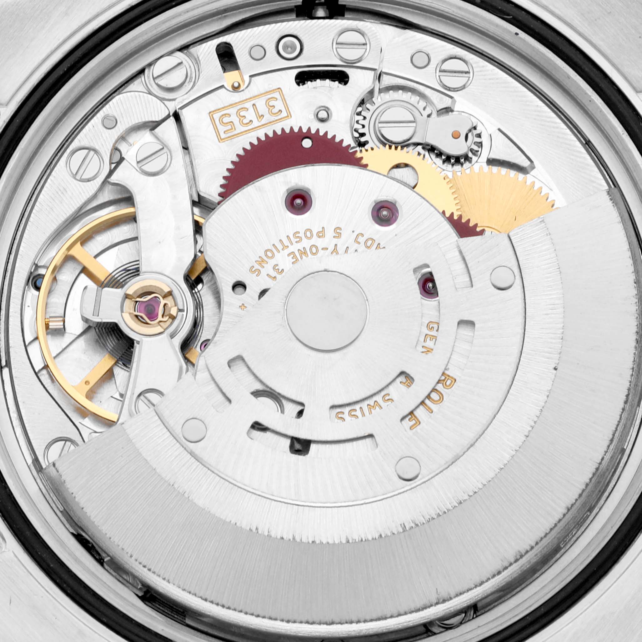 The image captures a close-up view of the inner mechanical movement of a Rolex Datejust 116243 Men's Steel and Gold (two tone) Champagne Dial 116243 Men's Steel and Gold (two tone) Champagne Dial watch.