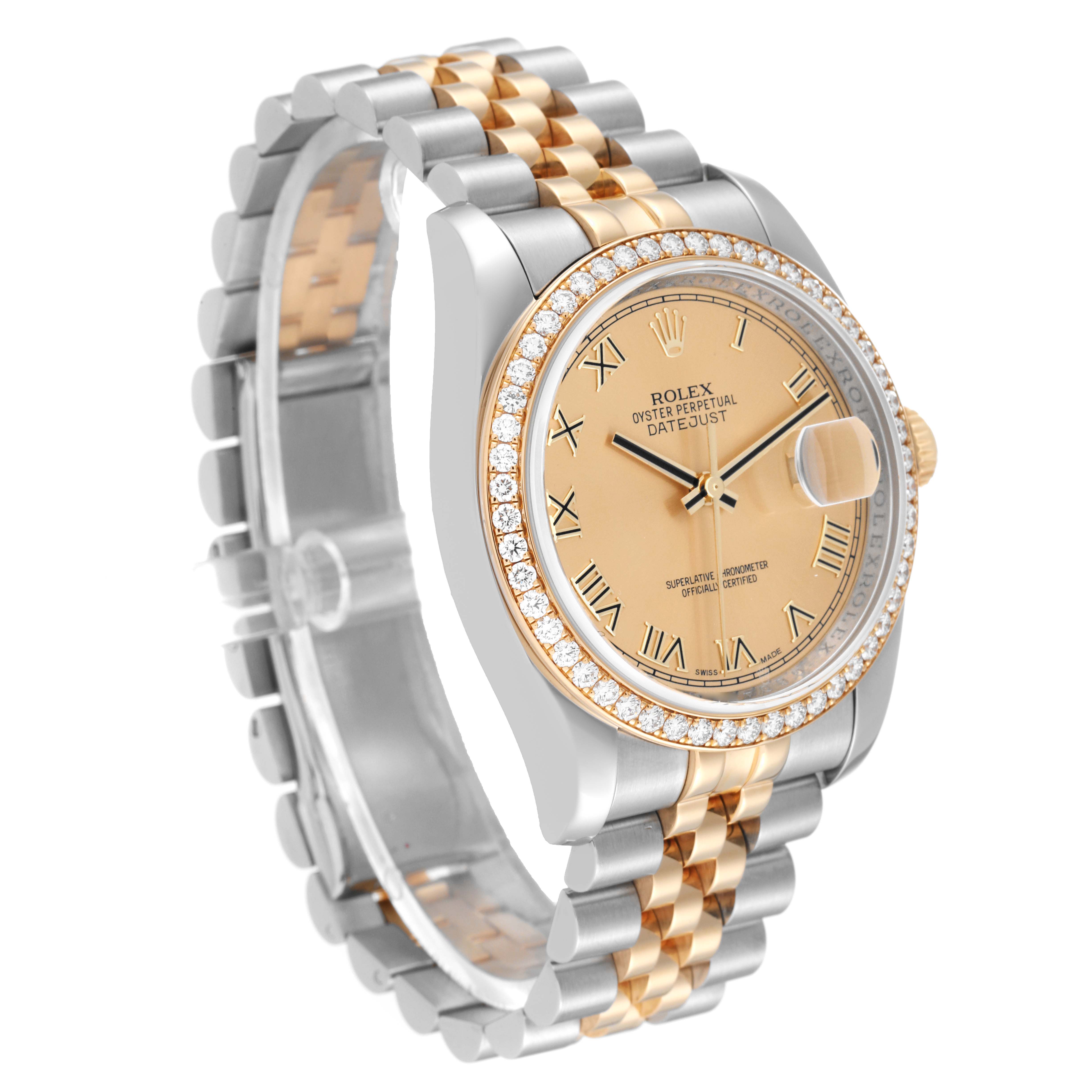 This image shows a Rolex Datejust 116243 Men's Steel and Gold (two tone) Champagne Dial 116243 Men's Steel and Gold (two tone) Champagne Dial watch at a three-quarter angle, highlighting its two-tone bracelet, diamond bezel, and champagne dial.