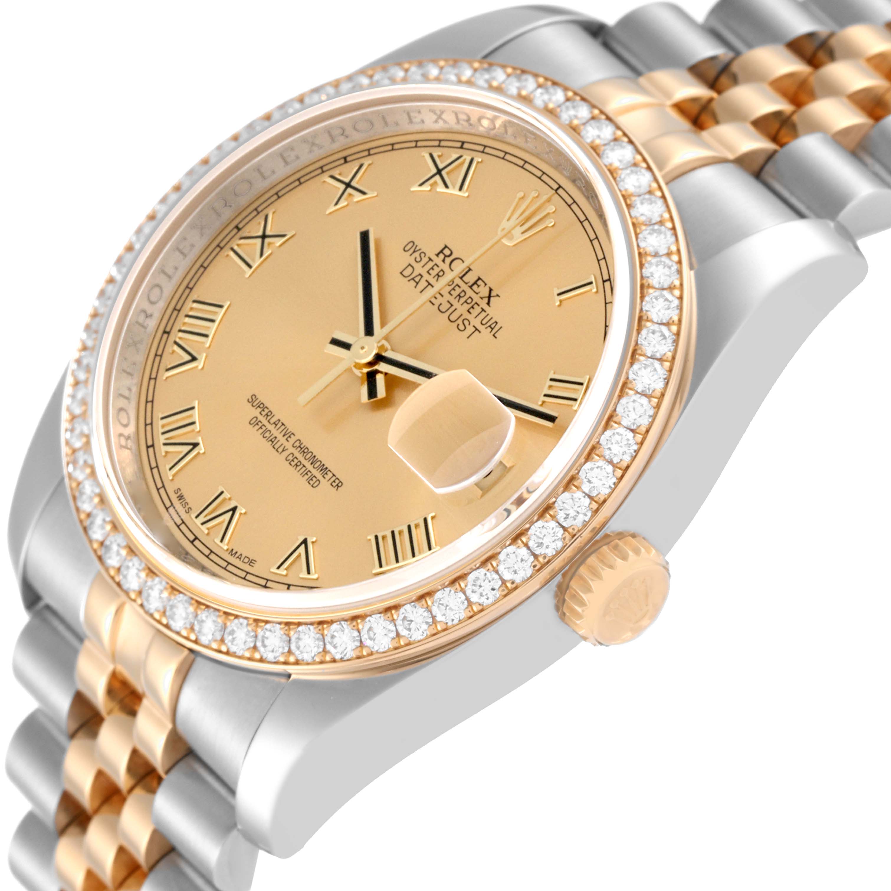 This image shows a Rolex Datejust 116243 Men's Steel and Gold (two tone) Champagne Dial 116243 Men's Steel and Gold (two tone) Champagne Dial watch at an angle highlighting its face, bezel, crown, and part of its two-tone bracelet.