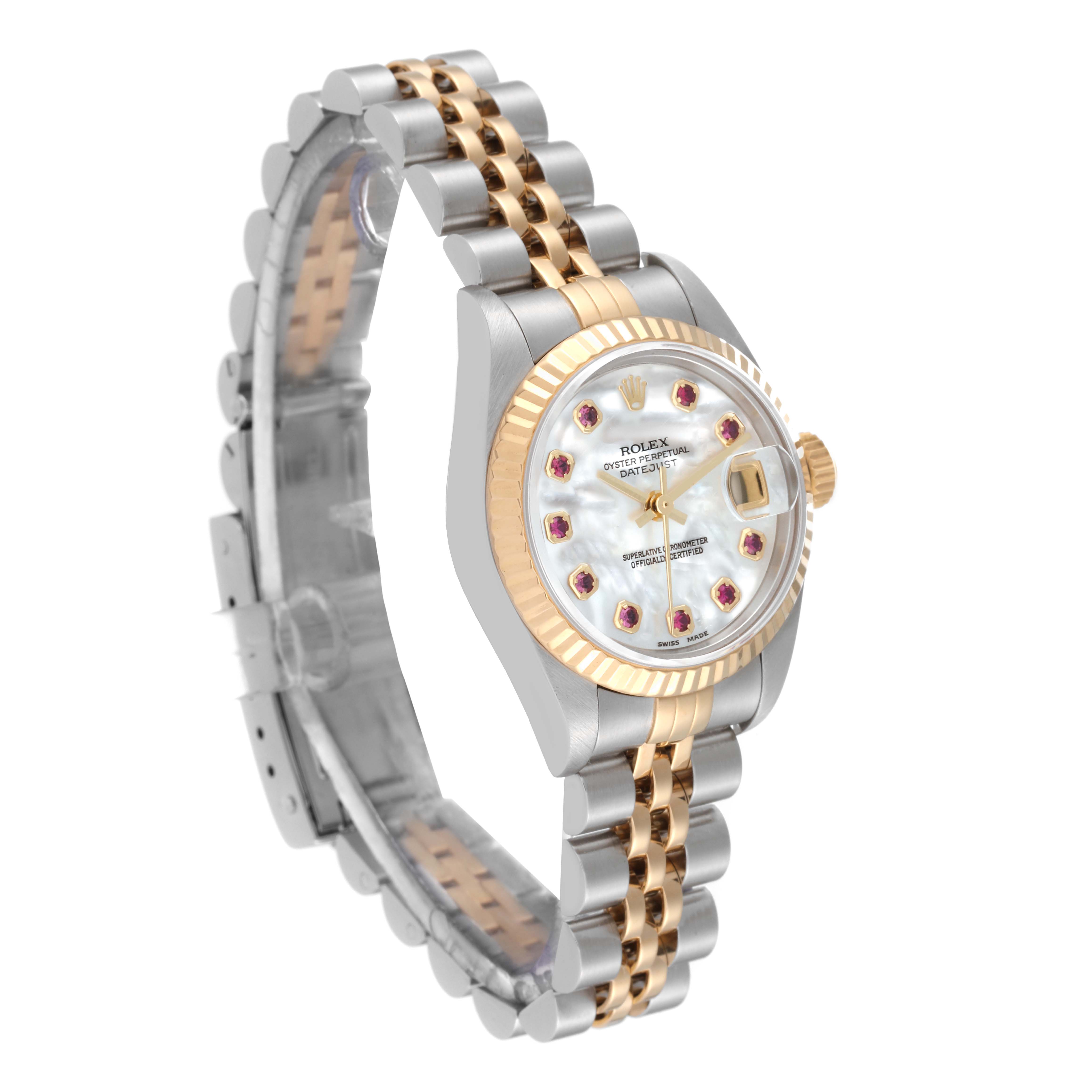 The image shows a Rolex Datejust 79173NGR Women's Steel and Gold (two tone) Mother of Pearl Dial 79173NGR Women's Steel and Gold (two tone) Mother of Pearl Dial watch from a three-quarter angle, highlighting its face, bezel, and bracelet.