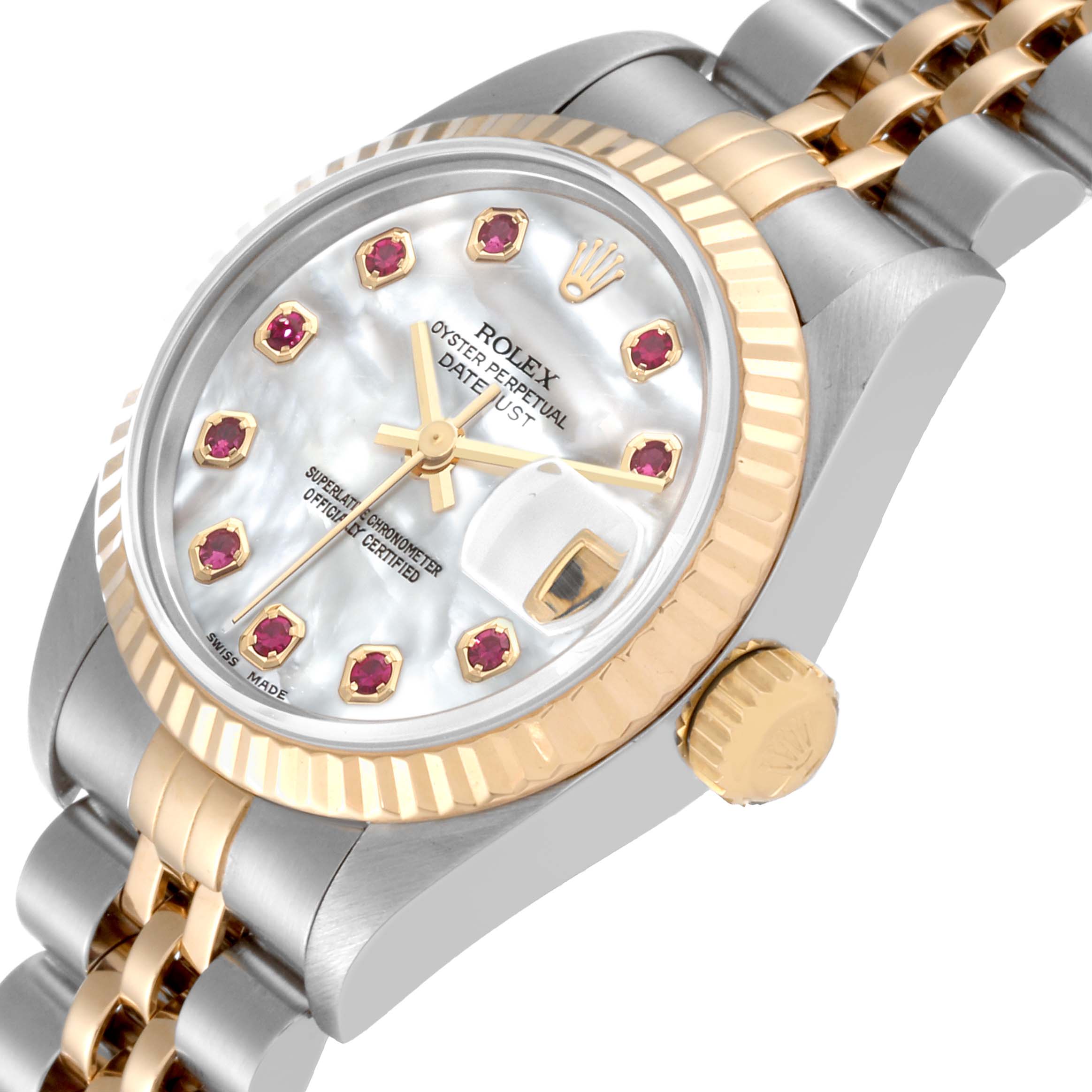 The angled image displays the dial, crown, bezel, and bracelet of the Rolex Datejust 79173NGR Women's Steel and Gold (two tone) Mother of Pearl Dial 79173NGR Women's Steel and Gold (two tone) Mother of Pearl Dial watch.