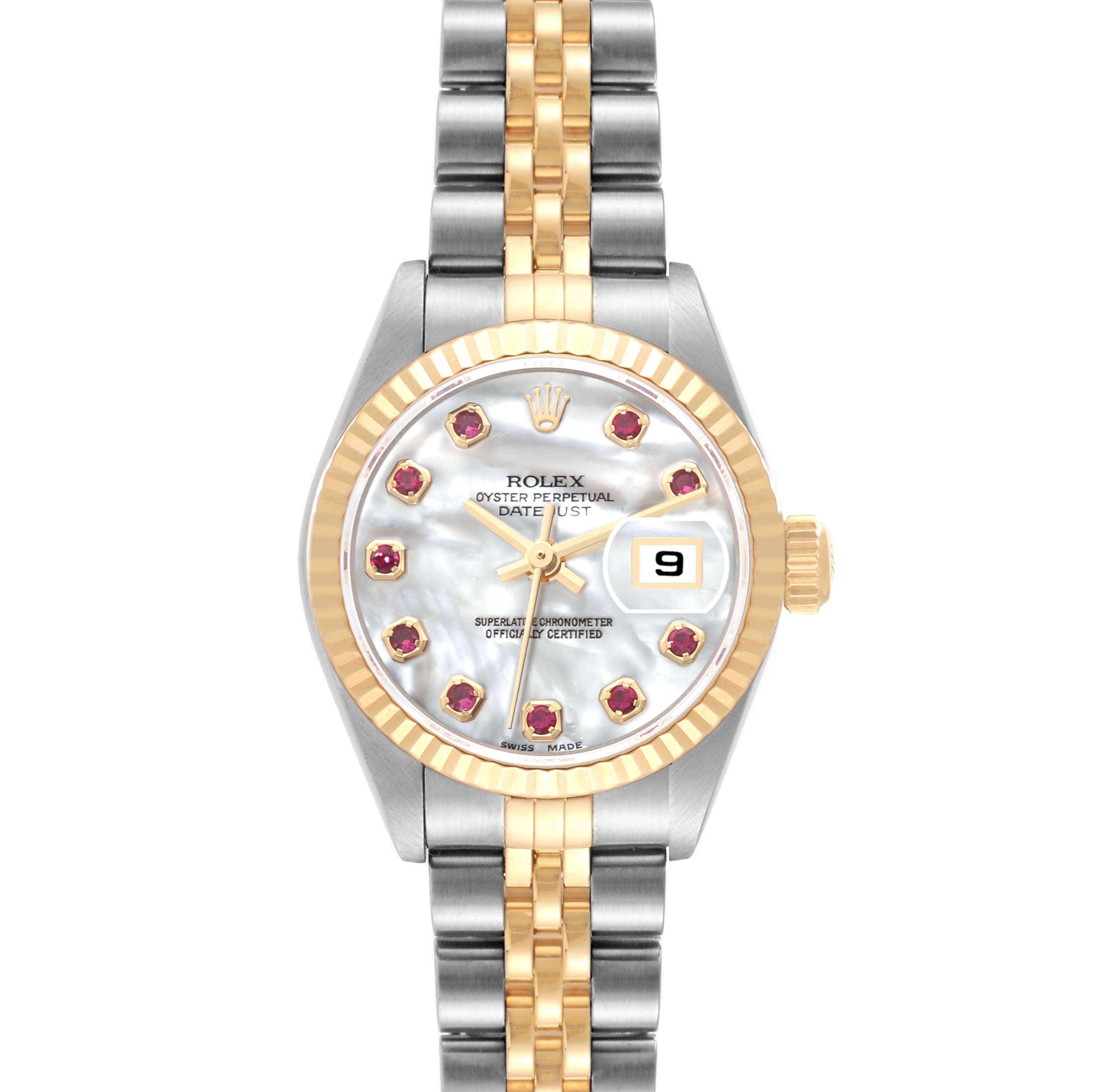 The image shows a front view of a Rolex Datejust 79173NGR Women's Steel and Gold (two tone) Mother of Pearl Dial 79173NGR Women's Steel and Gold (two tone) Mother of Pearl Dial watch showcasing its dial, bezel, crown, and two-tone bracelet.