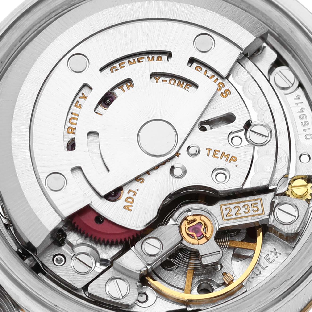 The image shows a close-up, detailed view of the movement and inner mechanism of a Rolex Datejust 79173NGR Women's Steel and Gold (two tone) Mother of Pearl Dial 79173NGR Women's Steel and Gold (two tone) Mother of Pearl Dial watch model.