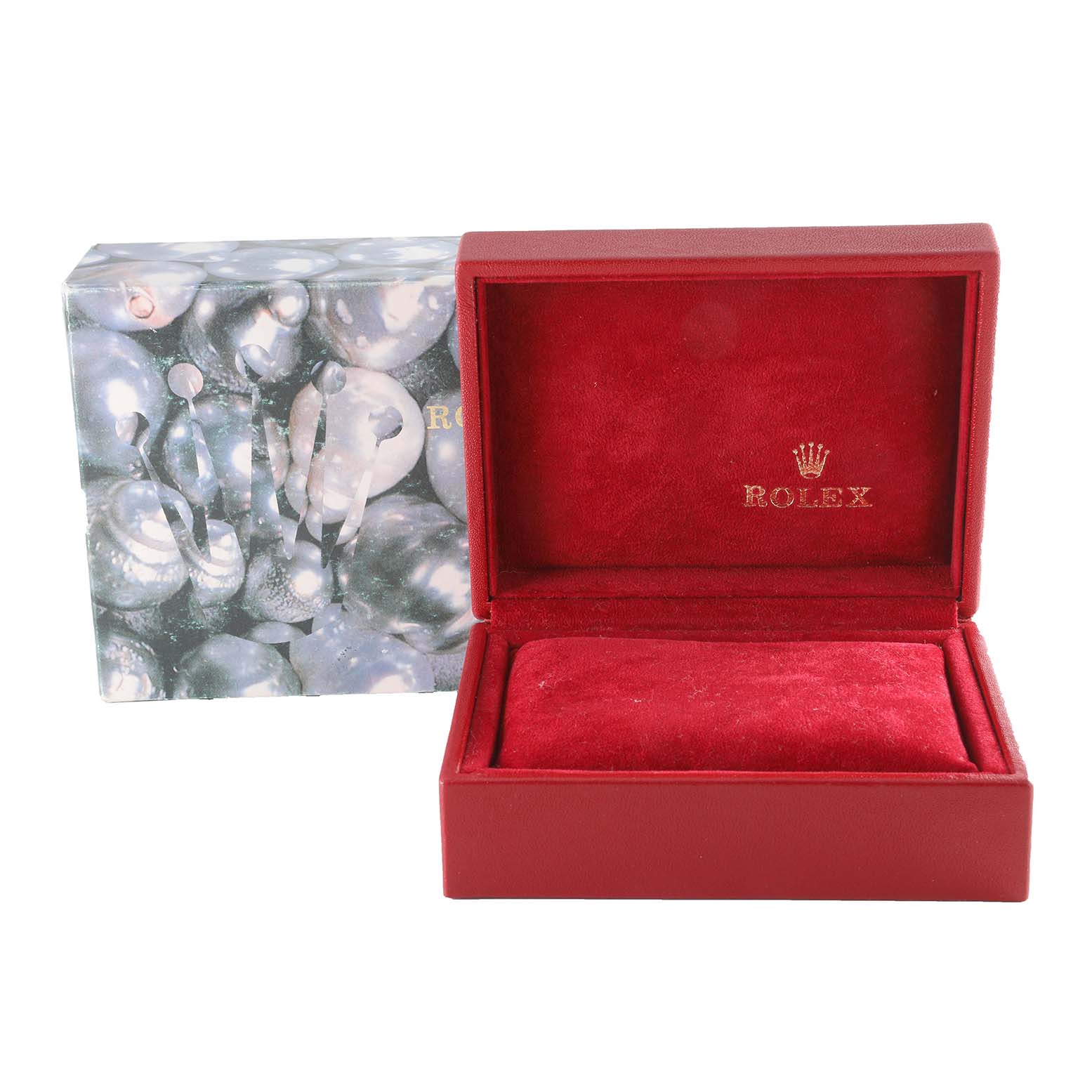 This image shows an open red Rolex Datejust 79173NGR Women's Steel and Gold (two tone) Mother of Pearl Dial 79173NGR Women's Steel and Gold (two tone) Mother of Pearl Dial watch box and its outer packaging with a pearl-like design.
