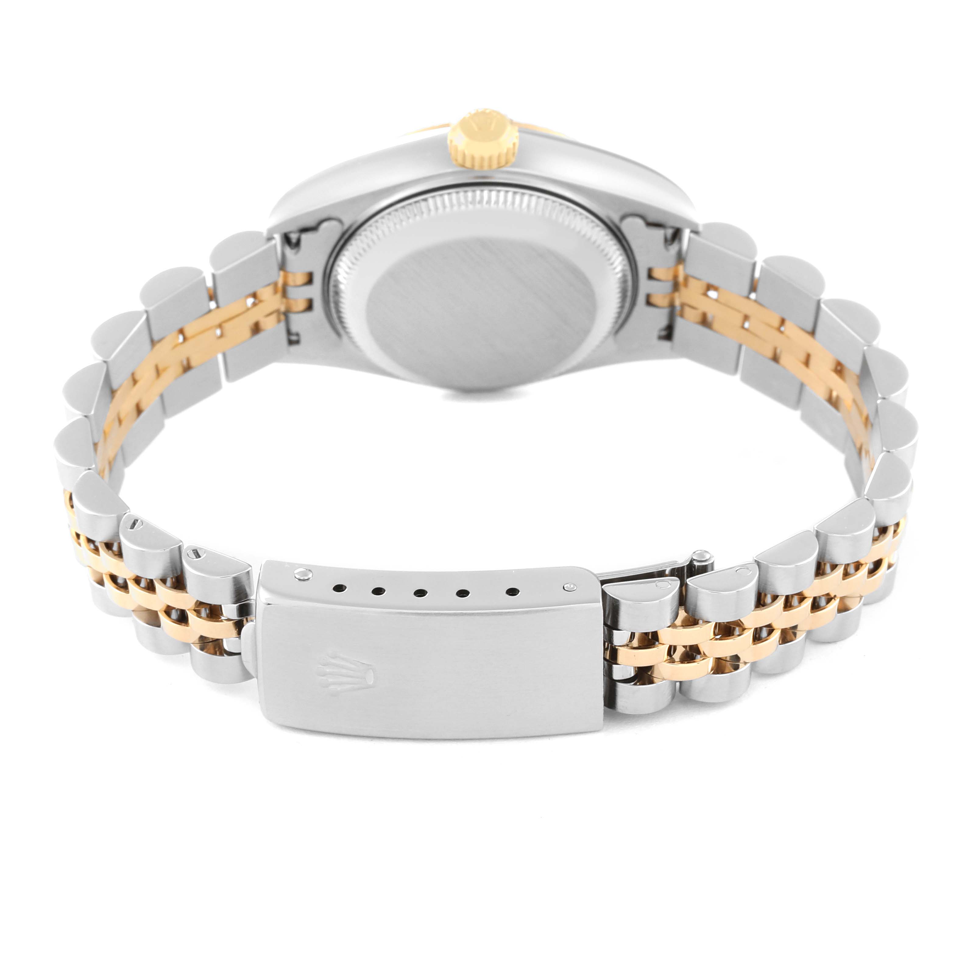 This image shows the back case and bracelet clasp of a Rolex Datejust 79173NGR Women's Steel and Gold (two tone) Mother of Pearl Dial 79173NGR Women's Steel and Gold (two tone) Mother of Pearl Dial watch.