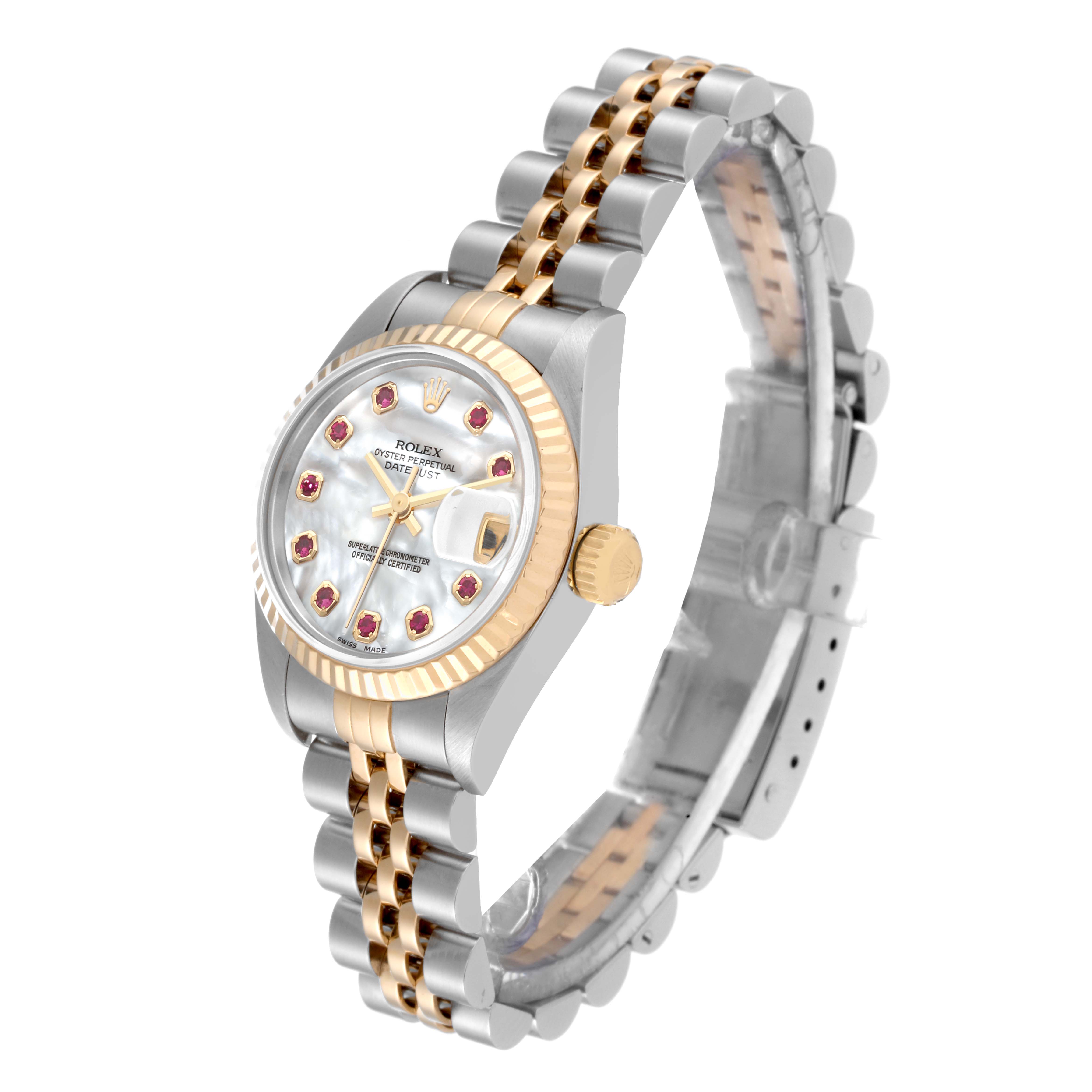 This Rolex Datejust 79173NGR Women's Steel and Gold (two tone) Mother of Pearl Dial 79173NGR Women's Steel and Gold (two tone) Mother of Pearl Dial watch is shown in a three-quarter angle, featuring the dial, fluted bezel, two-tone bracelet, and crown.