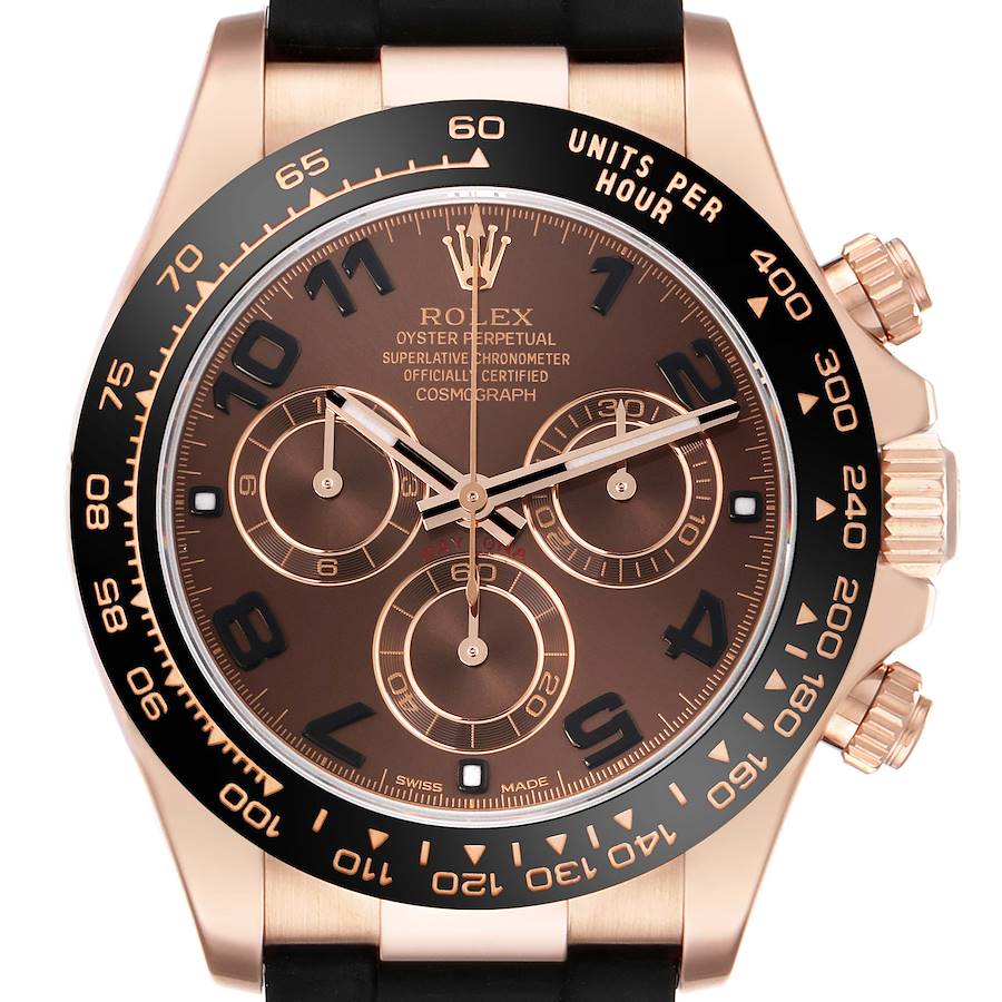 This image shows a frontal view of the Rolex Daytona watch, highlighting its dial, bezel, and push buttons.