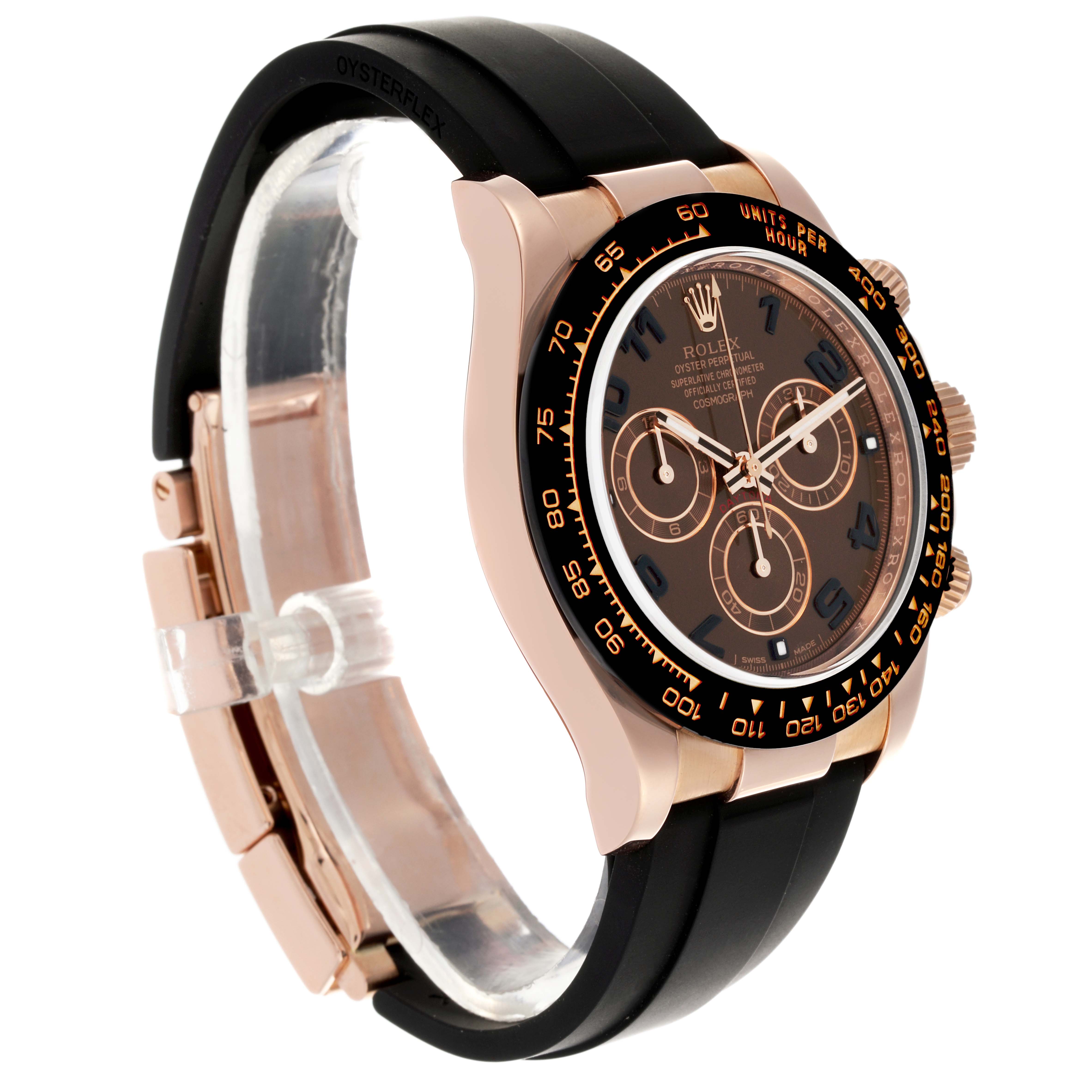 The Rolex Daytona 116515LN Men's Rose Gold Brown Dial 116515LN Men's Rose Gold Brown Dial is shown at a side angle, highlighting the case, bezel, pushers, and rubber strap.