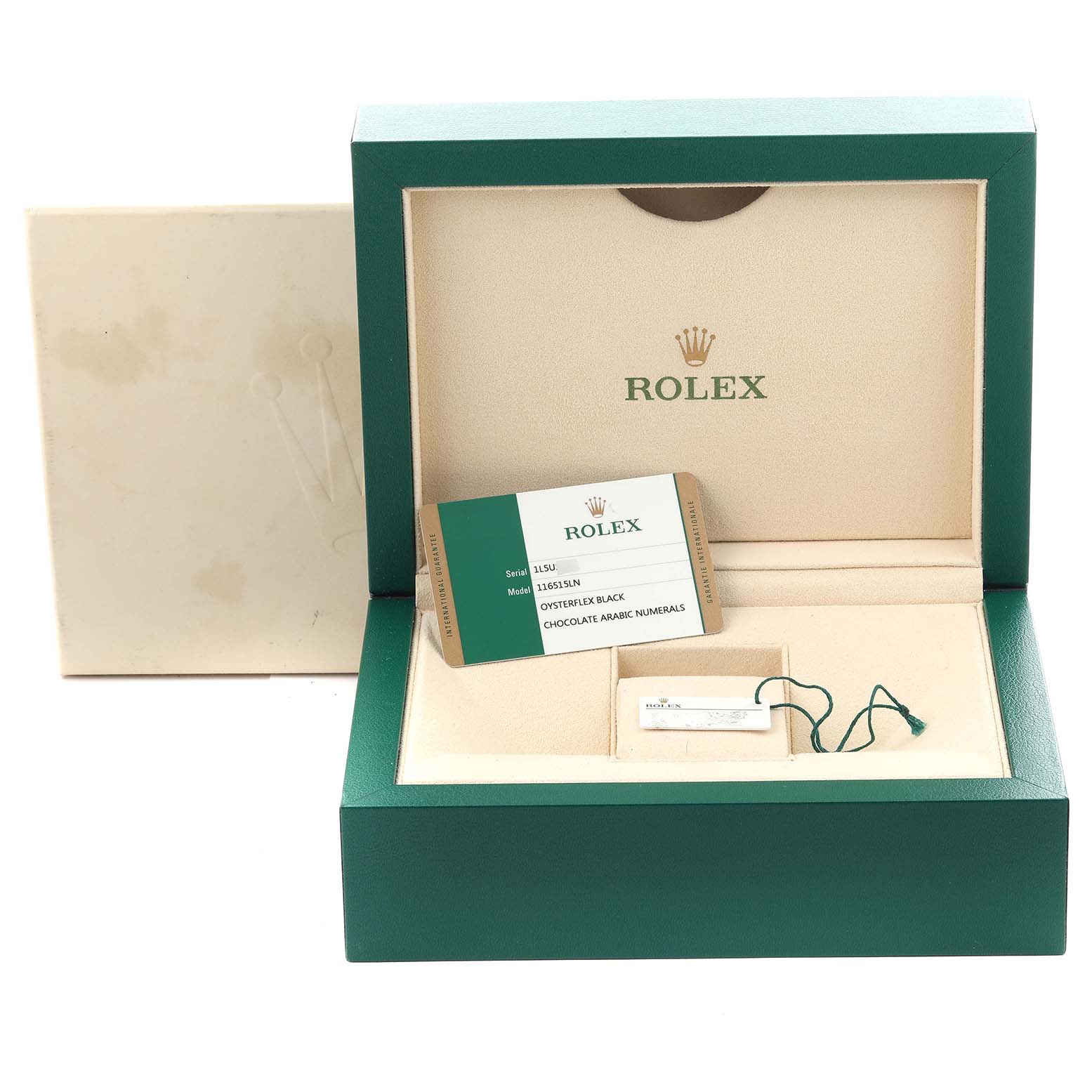 The image shows the Rolex Daytona 116515LN Men's Rose Gold Brown Dial 116515LN Men's Rose Gold Brown Dial box, warranty card, and tag, highlighting its accessories and packaging.