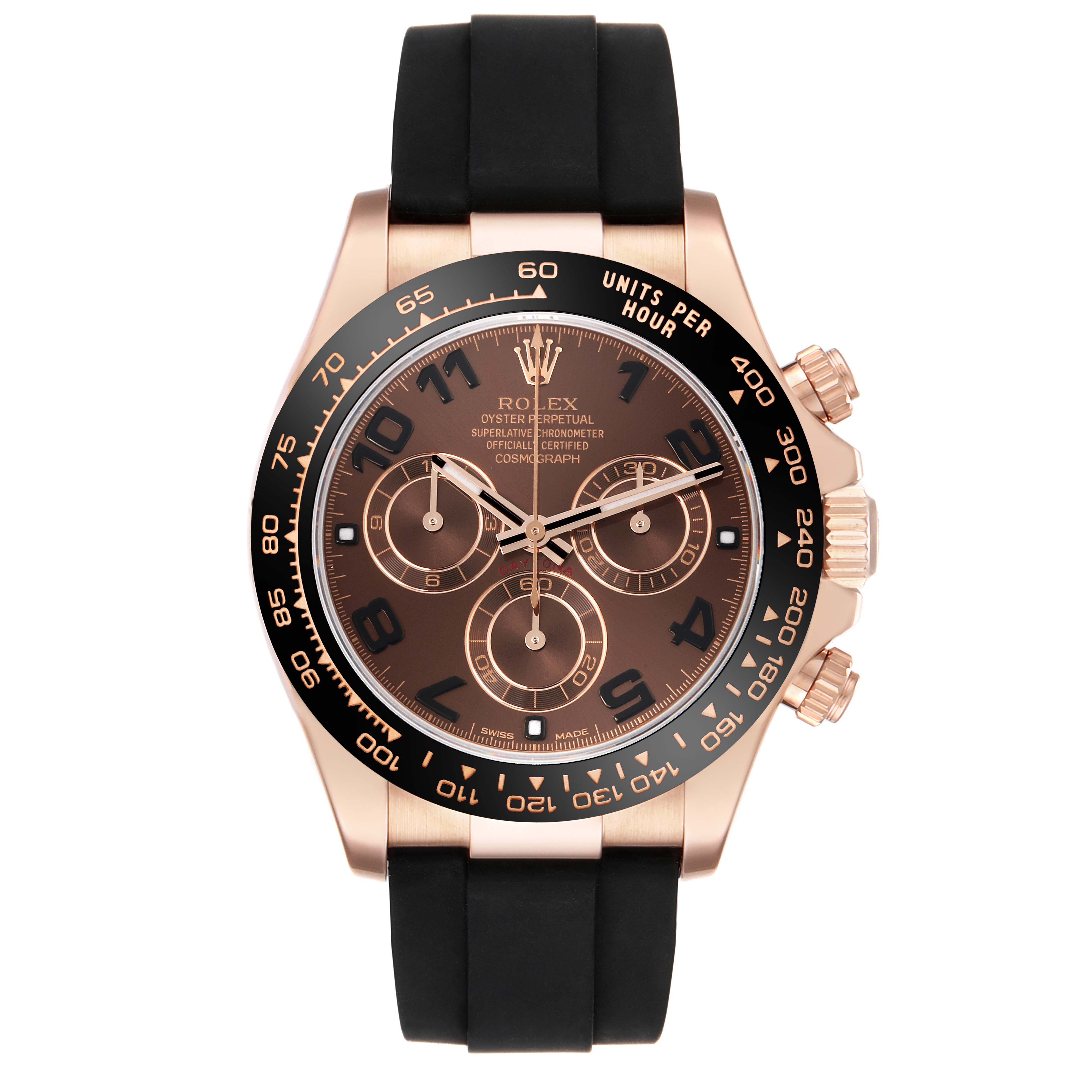 The Rolex Daytona 116515LN Men's Rose Gold Brown Dial 116515LN Men's Rose Gold Brown Dial watch is shown from the front, highlighting its face, strap, and side buttons.