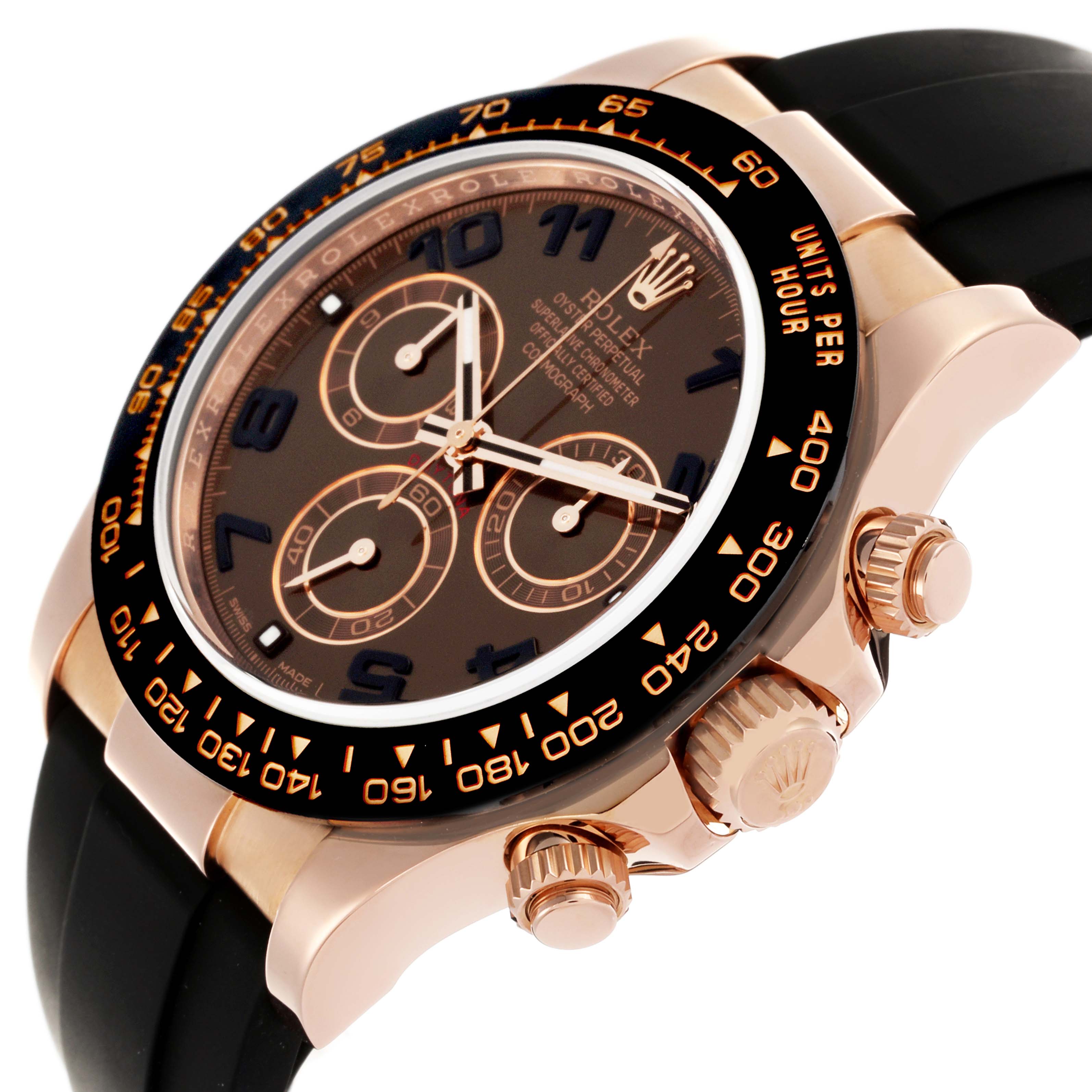 The Rolex Daytona 116515LN Men's Rose Gold Brown Dial 116515LN Men's Rose Gold Brown Dial watch is shown from a slightly tilted angle, highlighting the dial, bezel, crown, and buttons.