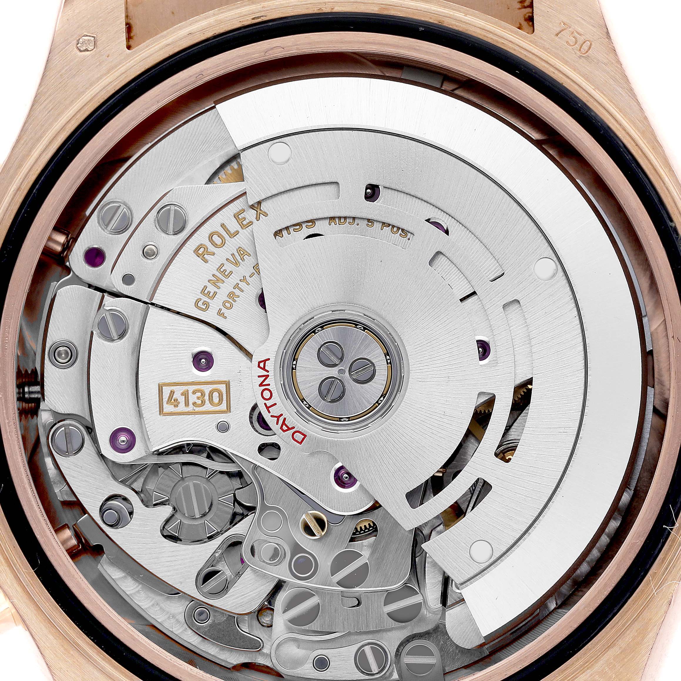 The image shows a close-up of the movement of a Rolex Daytona 116515LN Men's Rose Gold Brown Dial 116515LN Men's Rose Gold Brown Dial watch, highlighting its intricate inner mechanisms.