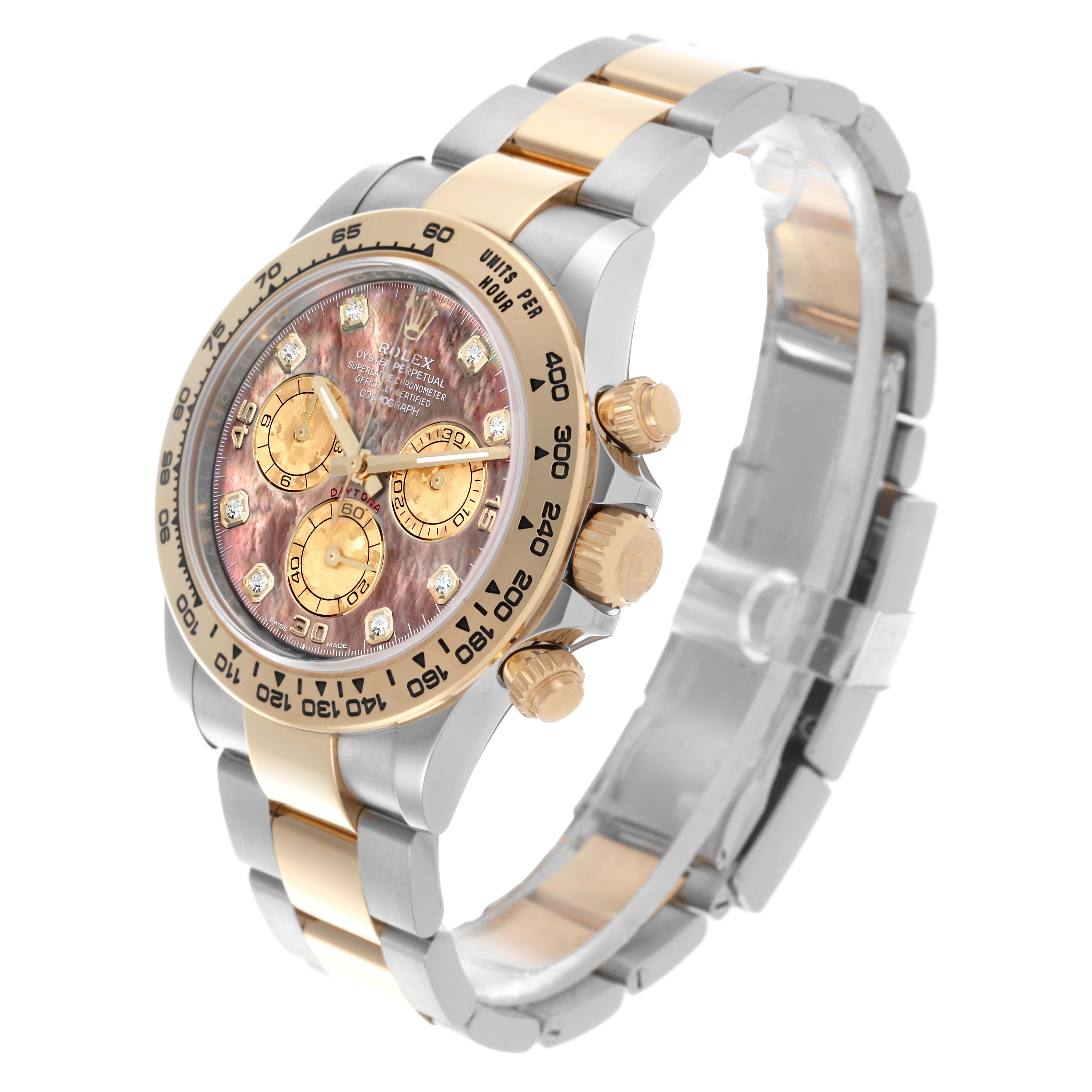 The Rolex Daytona 116503 Men's Steel and Gold (two tone) Mother of Pearl Dial 116503 Men's Steel and Gold (two tone) Mother of Pearl Dial is shown at a three-quarter angle, displaying its bezel, dial, and strap clearly.