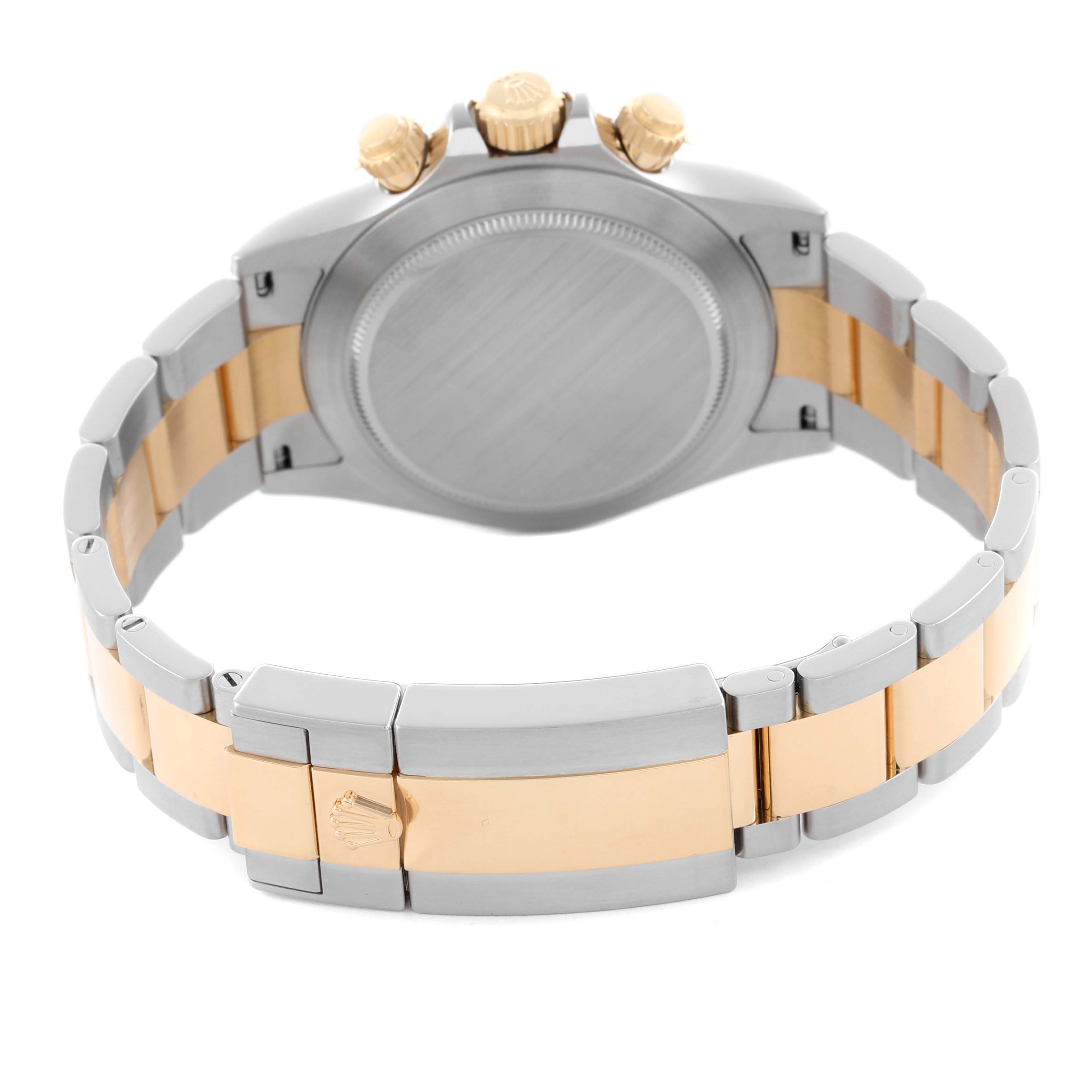 The image shows the back and part of the bracelet of a Rolex Daytona 116503 Men's Steel and Gold (two tone) Mother of Pearl Dial 116503 Men's Steel and Gold (two tone) Mother of Pearl Dial watch, highlighting the clasp and crown.