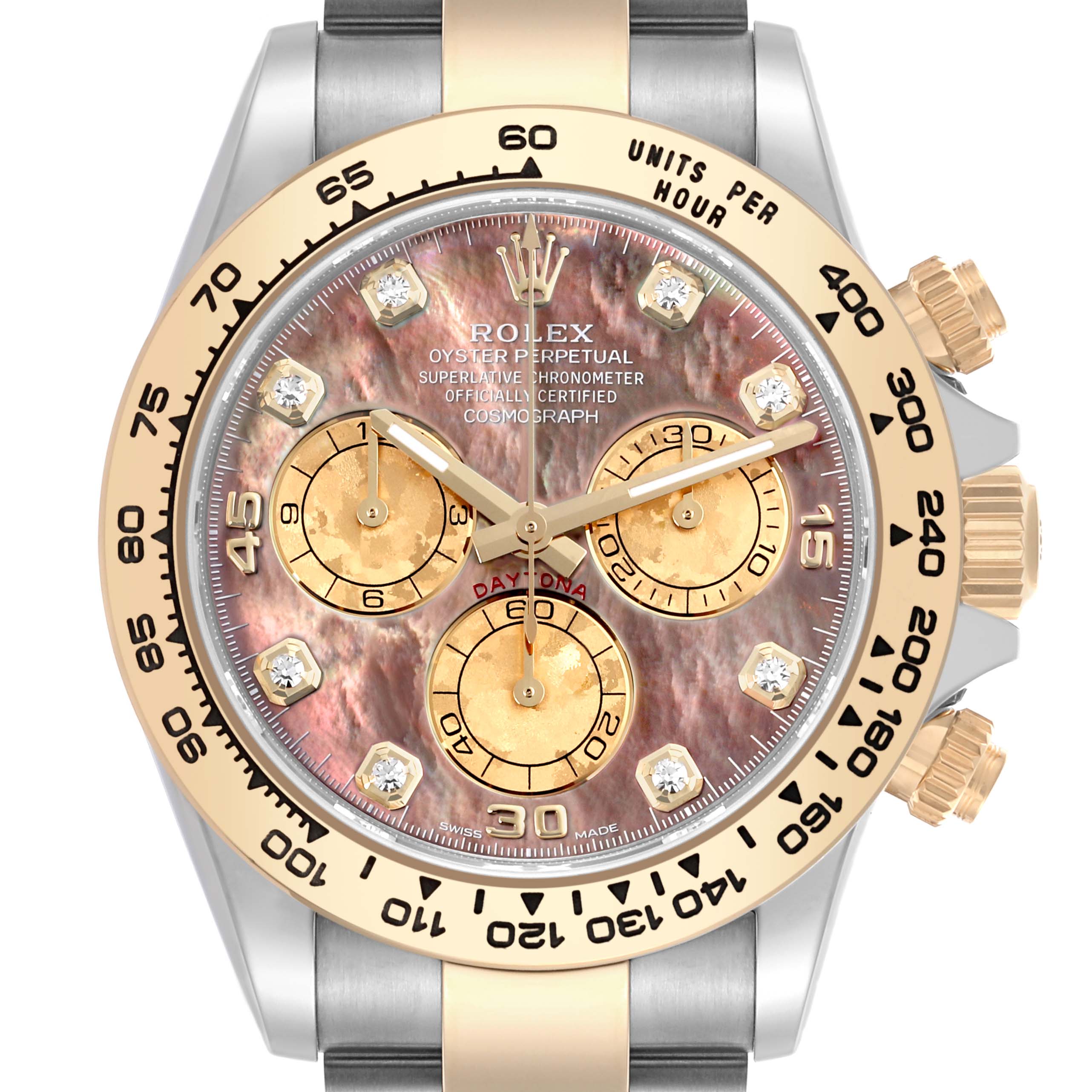 The Rolex Daytona 116503 Men's Steel and Gold (two tone) Mother of Pearl Dial 116503 Men's Steel and Gold (two tone) Mother of Pearl Dial watch is shown from a front angle, highlighting its bezel, dial, chronograph sub-dials, and crown.