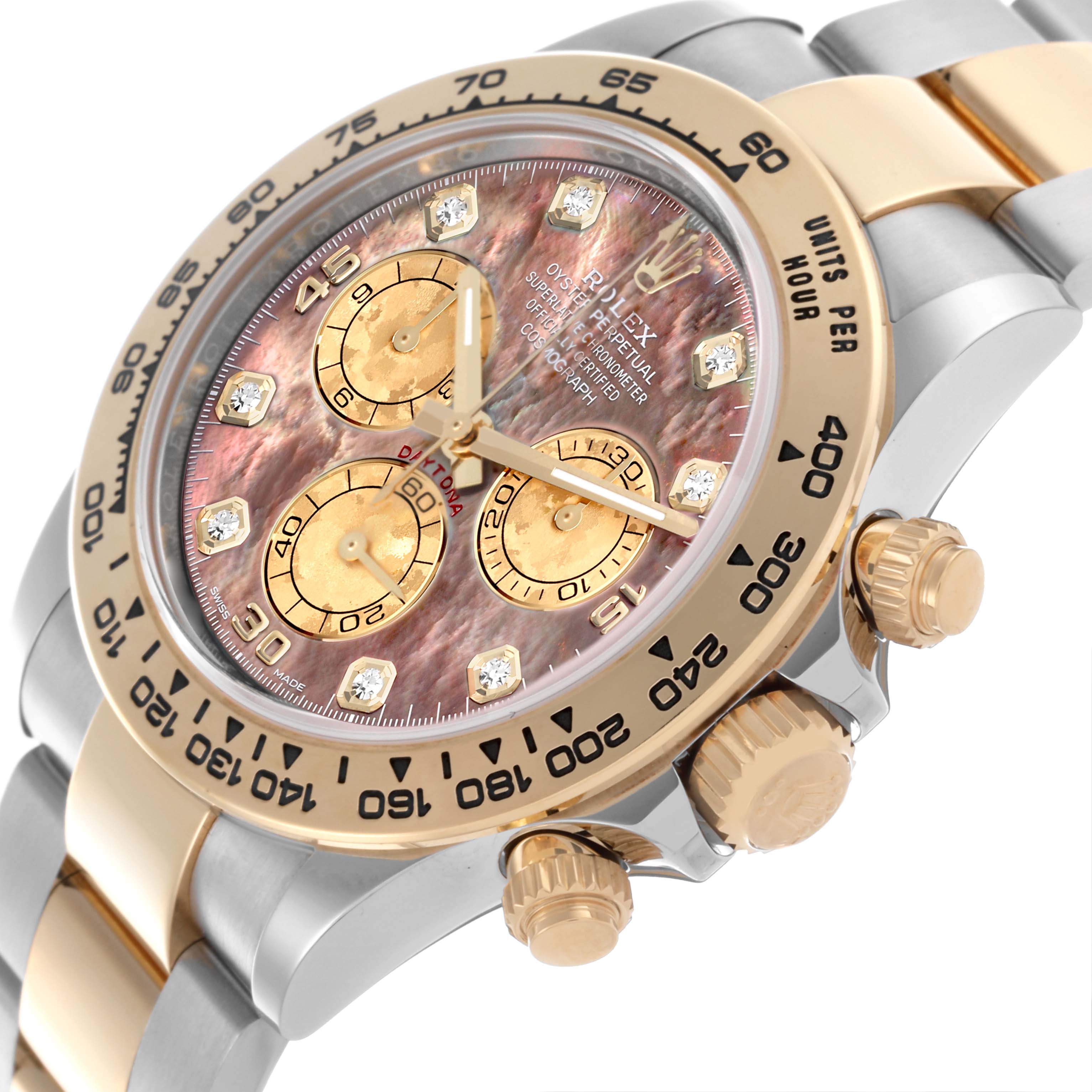The Rolex Daytona 116503 Men's Steel and Gold (two tone) Mother of Pearl Dial 116503 Men's Steel and Gold (two tone) Mother of Pearl Dial watch is shown at an angled view, highlighting the bezel, subdials, crown, and part of the bracelet.