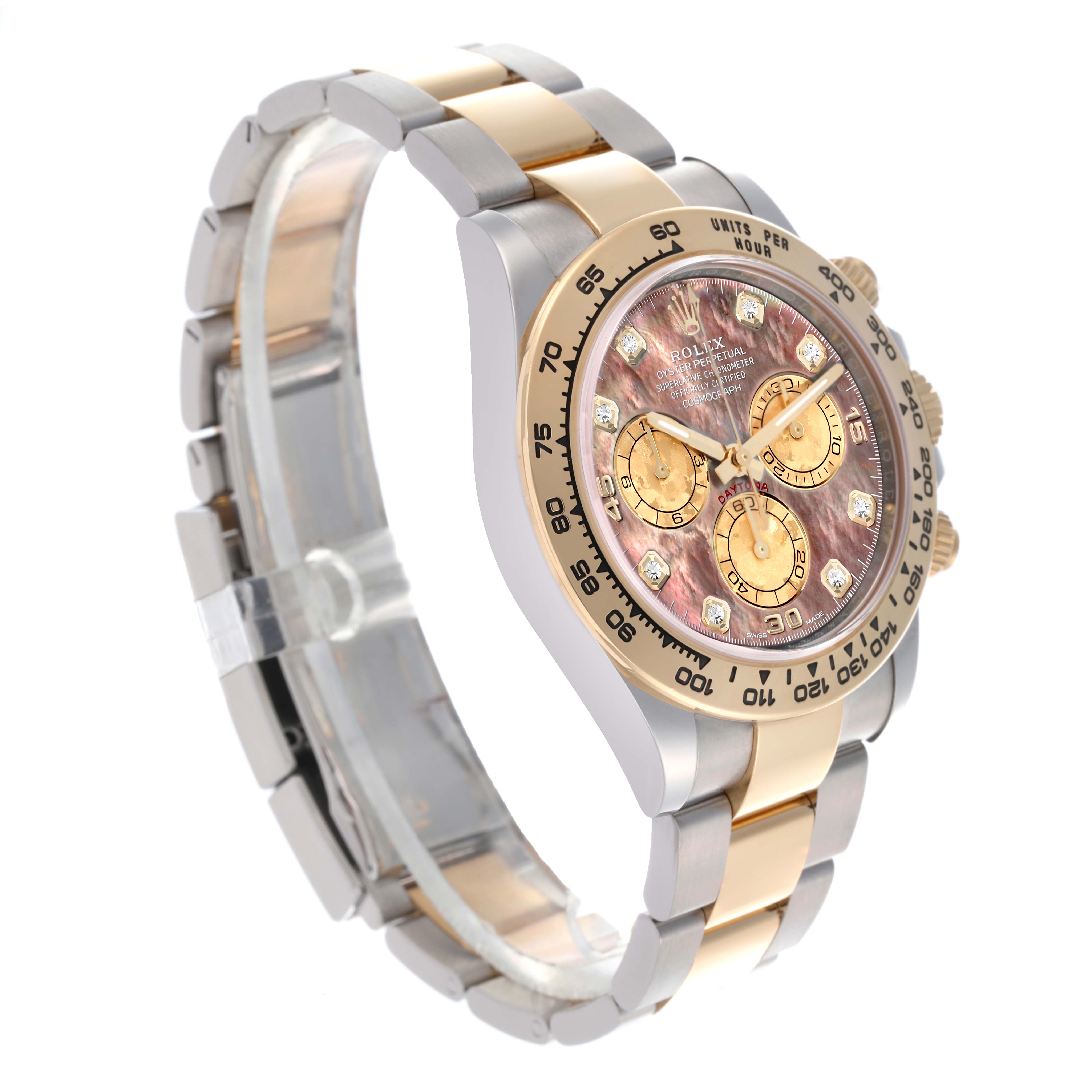 The Rolex Daytona 116503 Men's Steel and Gold (two tone) Mother of Pearl Dial 116503 Men's Steel and Gold (two tone) Mother of Pearl Dial watch is shown at a slight angle, highlighting the face, bezel, and bracelet.