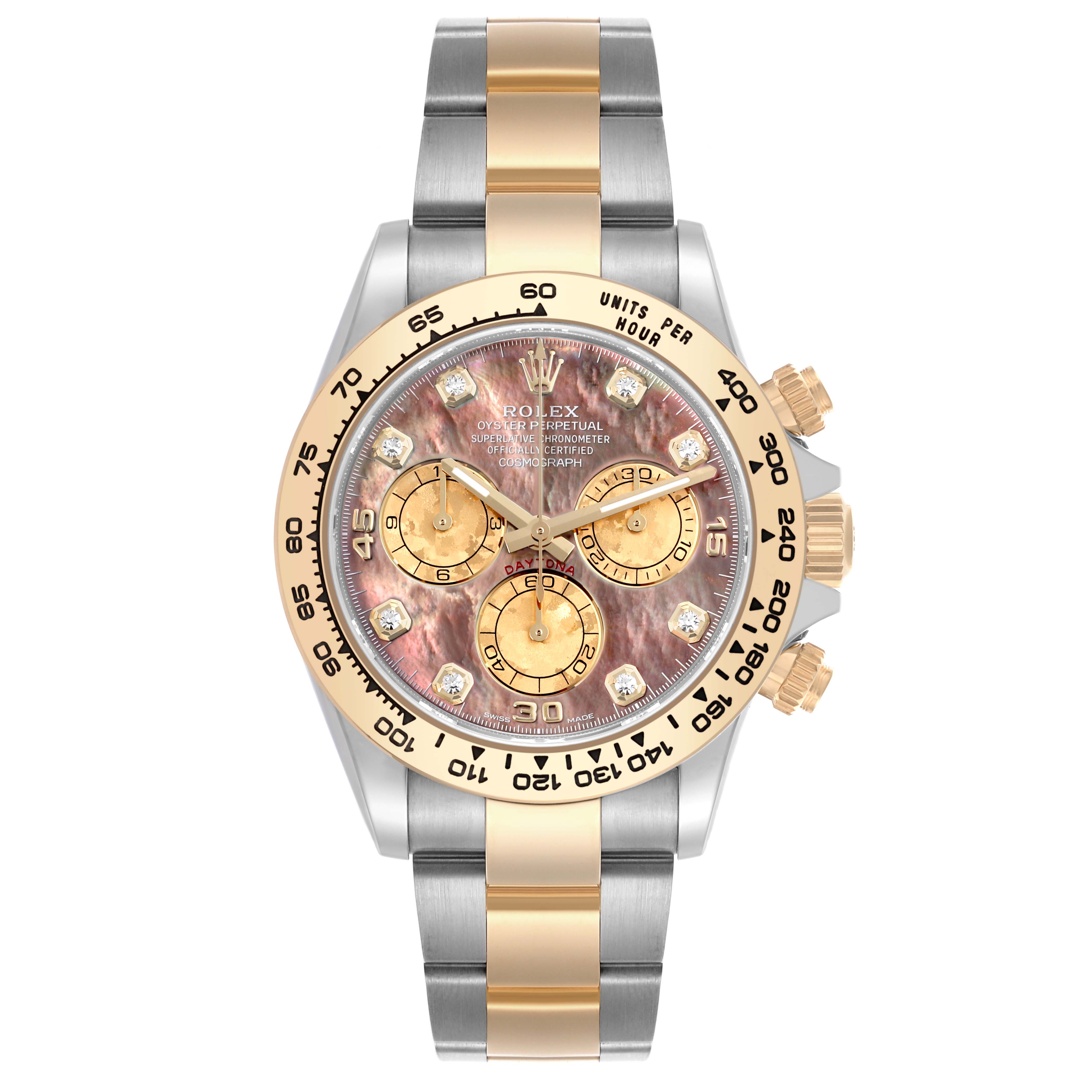 The image shows a front view of the Rolex Daytona 116503 Men's Steel and Gold (two tone) Mother of Pearl Dial 116503 Men's Steel and Gold (two tone) Mother of Pearl Dial watch, highlighting the dial, case, and bracelet.