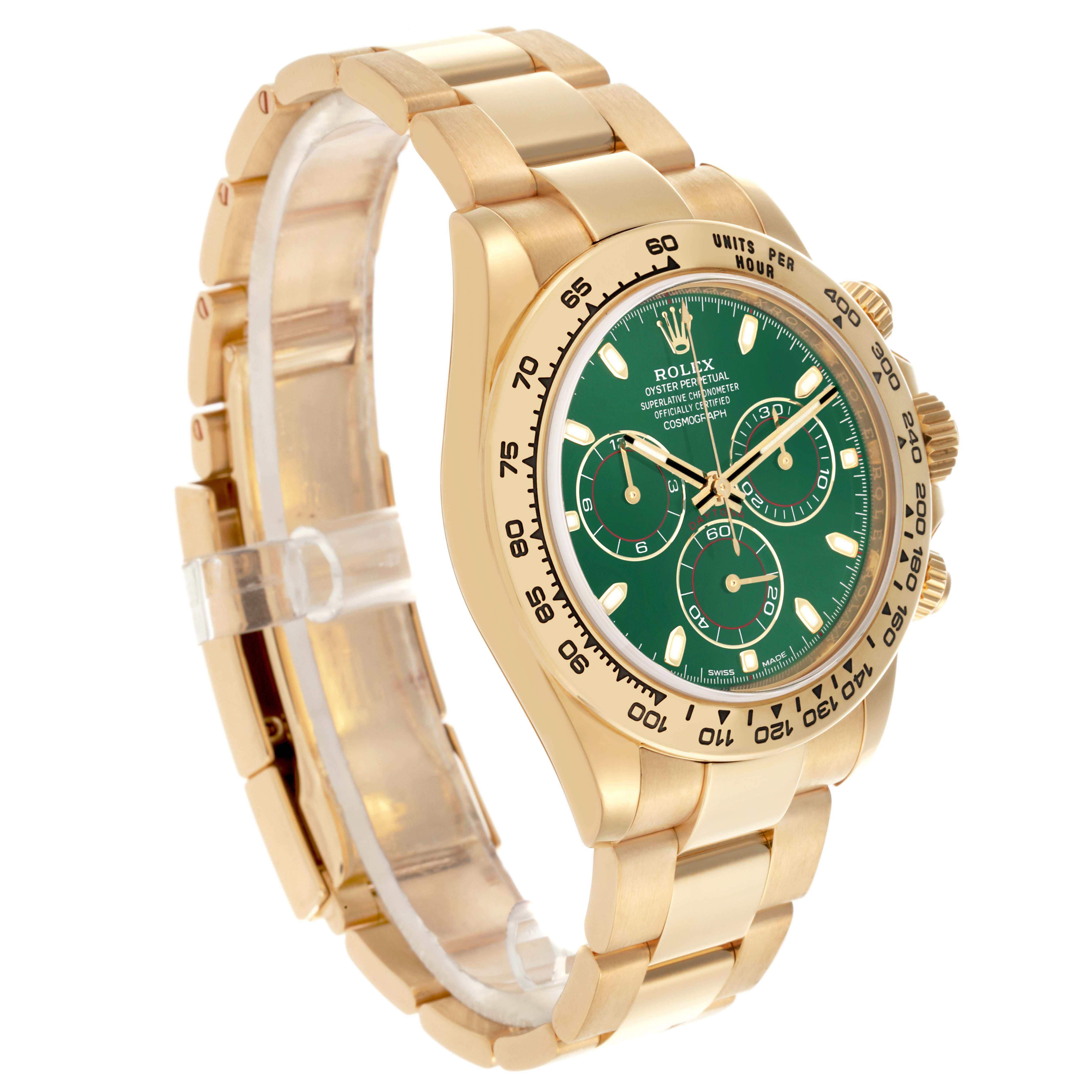 The Rolex Daytona 116508 Men's Yellow Gold Green Dial 116508 Men's Yellow Gold Green Dial watch is shown at a three-quarter angle, highlighting the side, bezel, and bracelet.