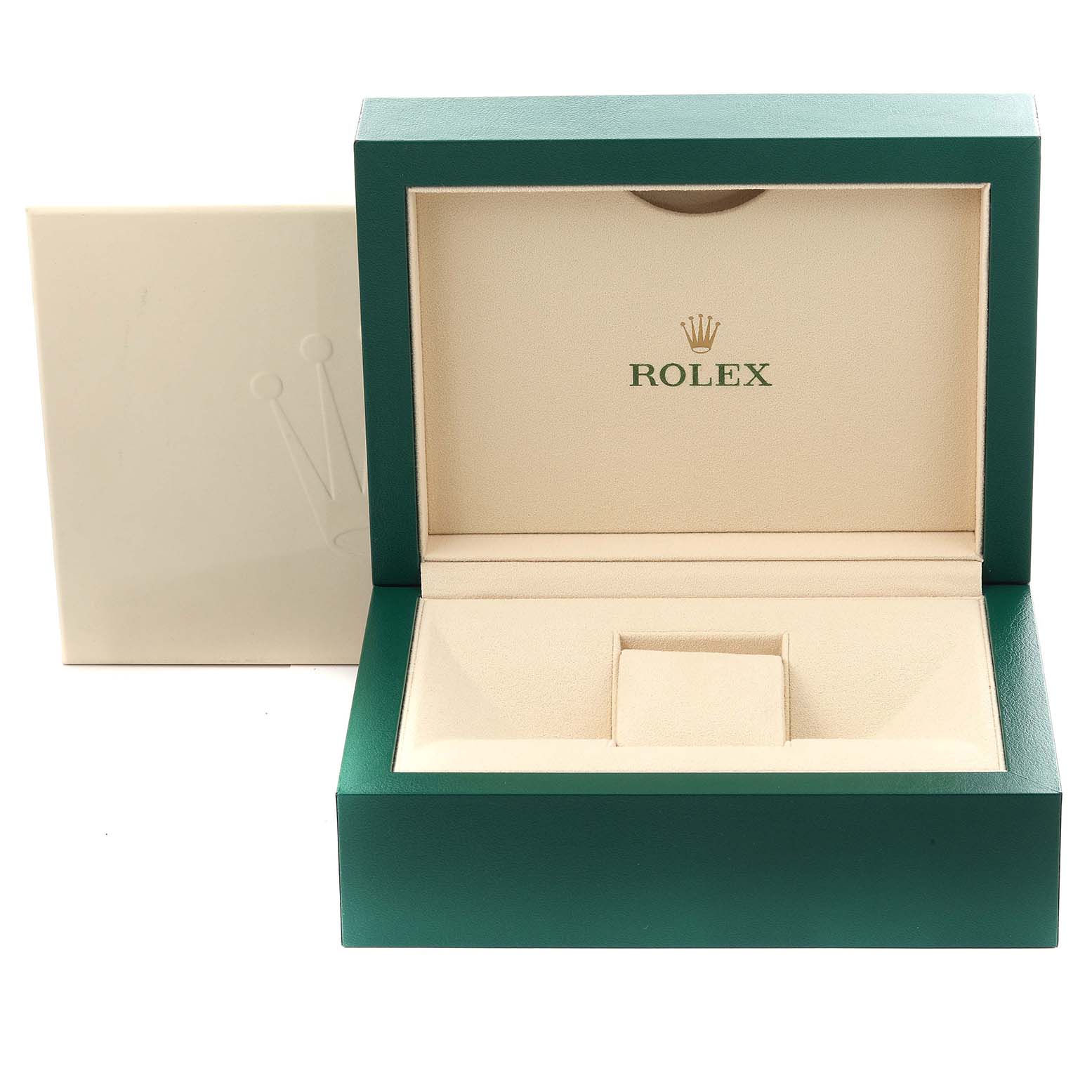 The image shows an open Rolex Daytona 116508 Men's Yellow Gold Green Dial 116508 Men's Yellow Gold Green Dial watch box viewed from the front, displaying its interior.