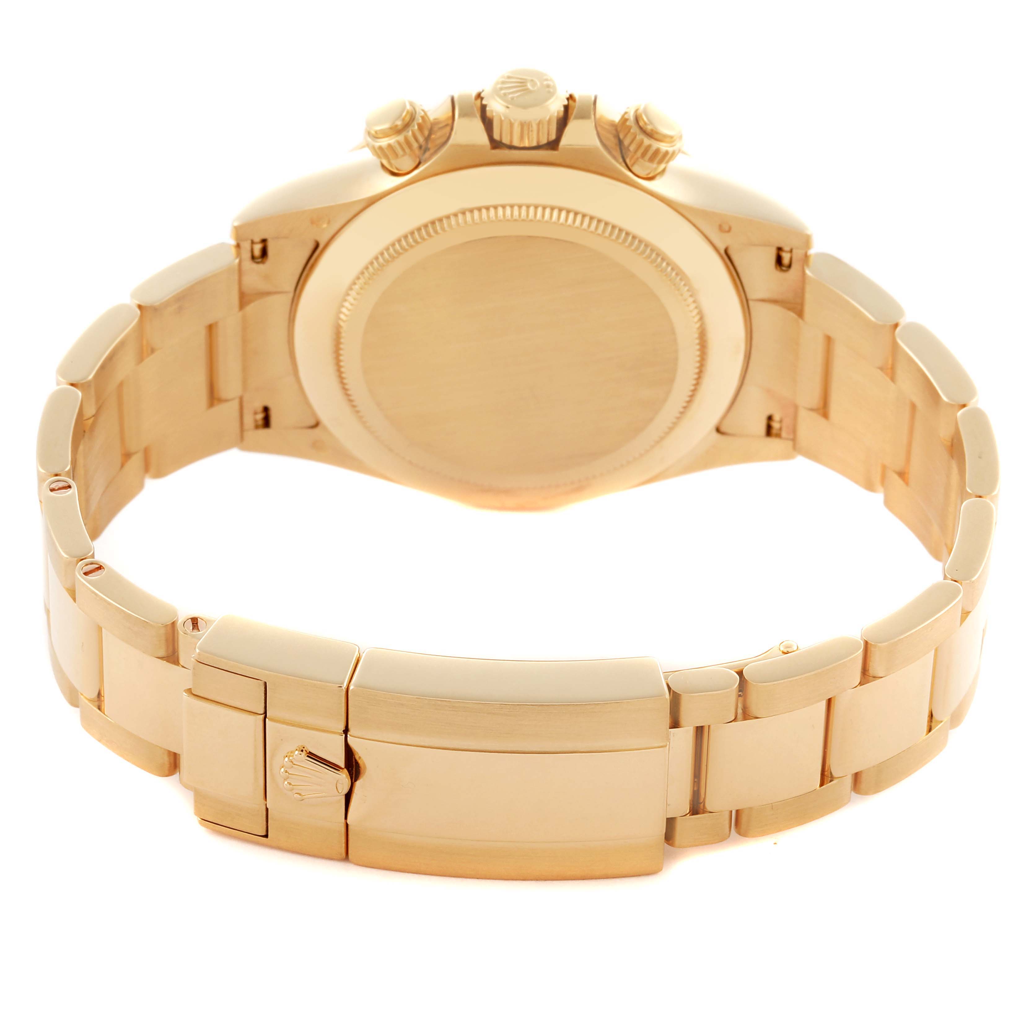 The image shows the back view of the Rolex Daytona 116508 Men's Yellow Gold Green Dial 116508 Men's Yellow Gold Green Dial, displaying its case back and gold bracelet clasp.