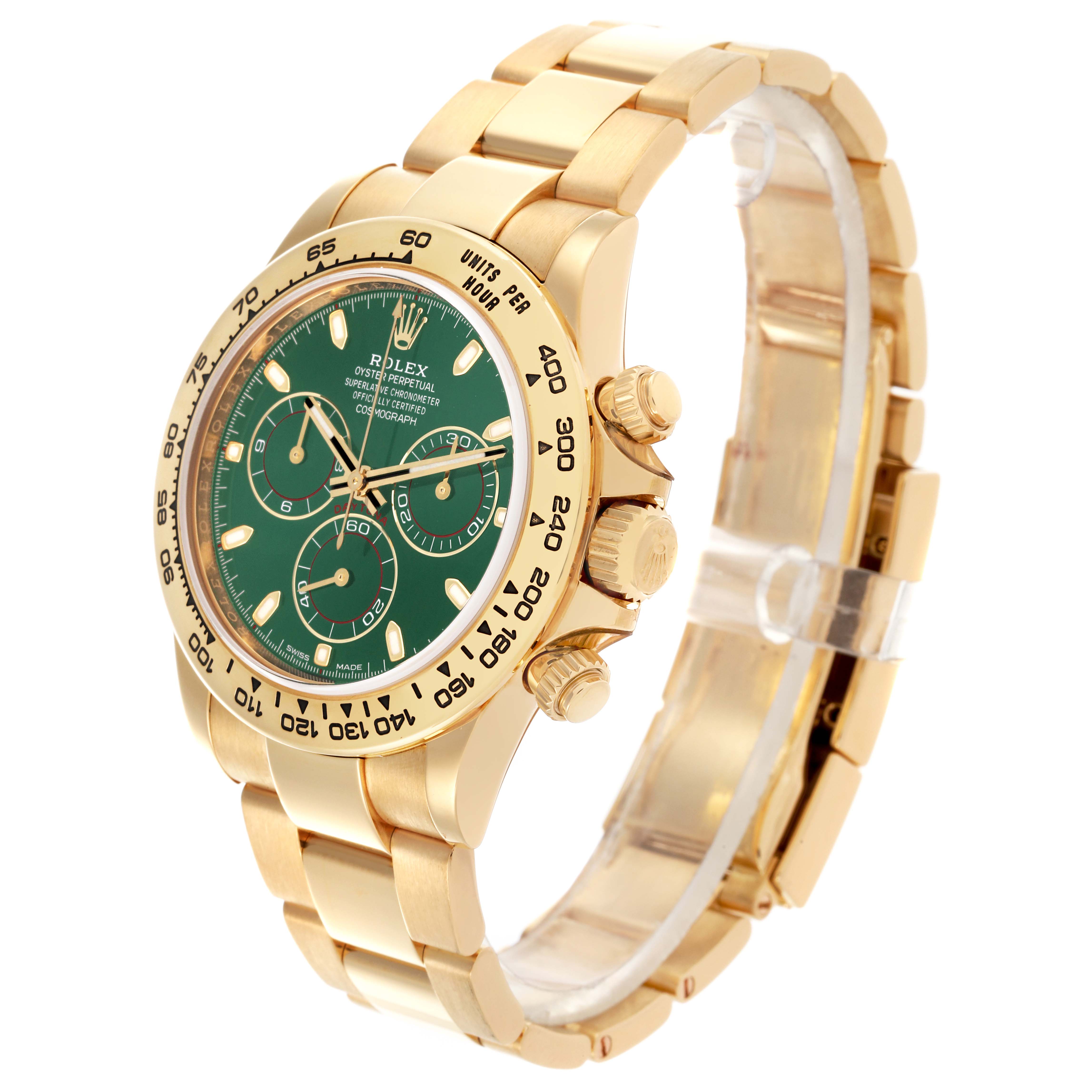 The Rolex Daytona 116508 Men's Yellow Gold Green Dial 116508 Men's Yellow Gold Green Dial watch is shown at a three-quarter angle, displaying the green dial, gold bracelet, and side push buttons.