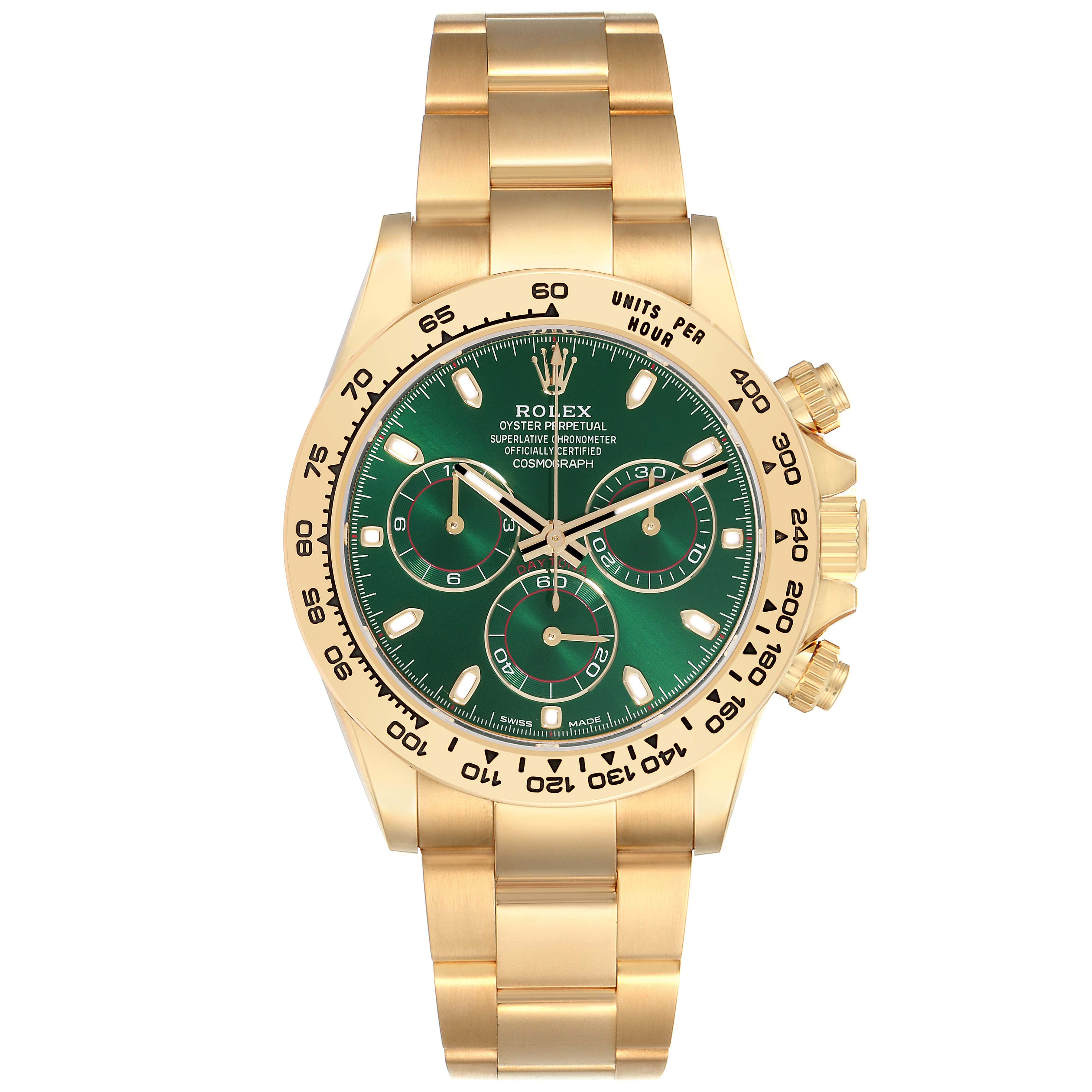 The Rolex Daytona 116508 Men's Yellow Gold Green Dial 116508 Men's Yellow Gold Green Dial watch is shown from a top view displaying the face, bezel, bracelet, and crown.