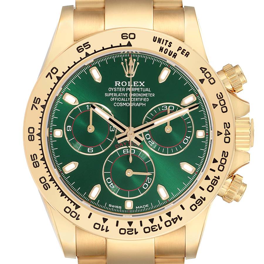 The Rolex Daytona watch is shown from the front, highlighting its green dial, subdials, and gold bracelet.