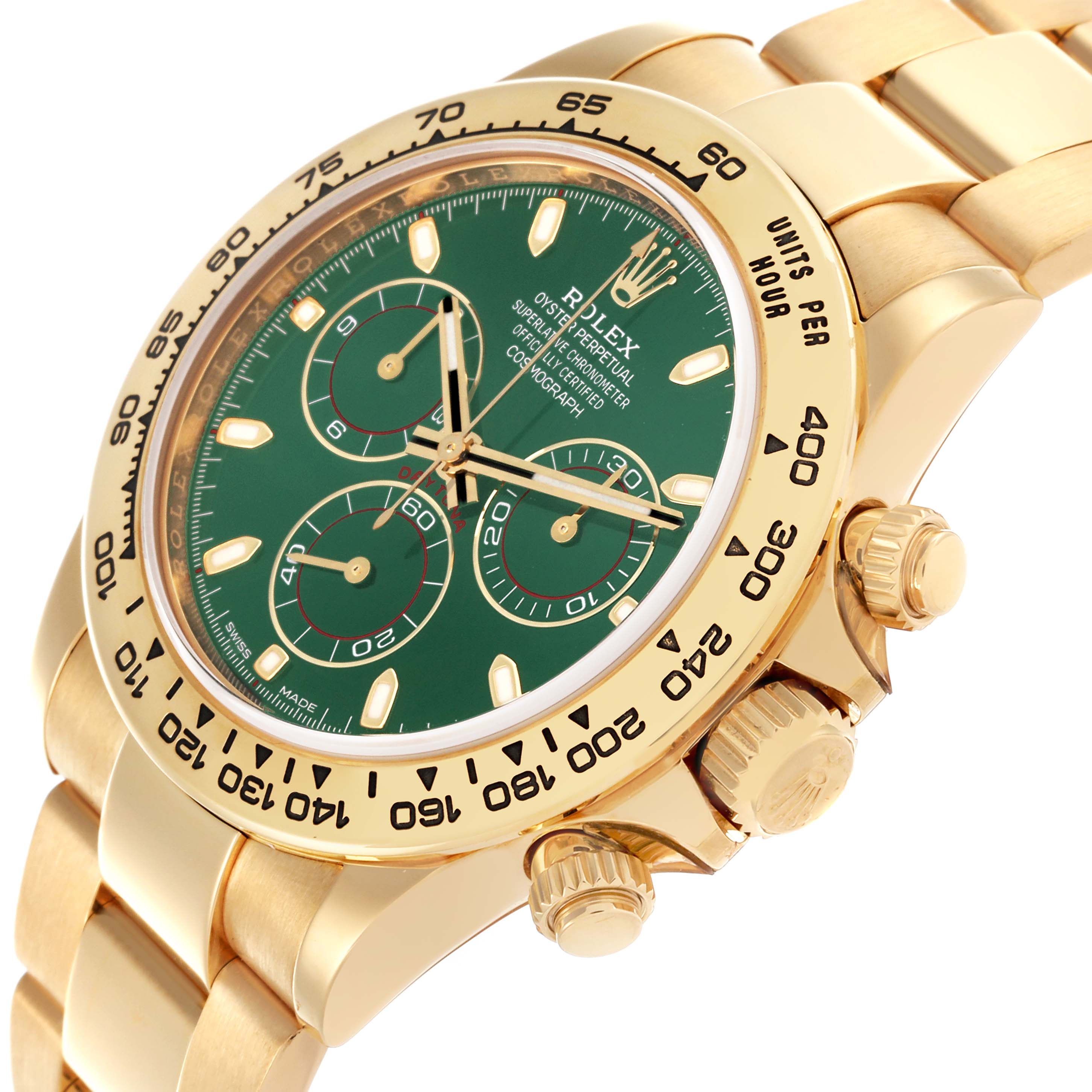This Rolex Daytona 116508 Men's Yellow Gold Green Dial 116508 Men's Yellow Gold Green Dial watch is shown at an angled view highlighting the dial, bezel, and crown.