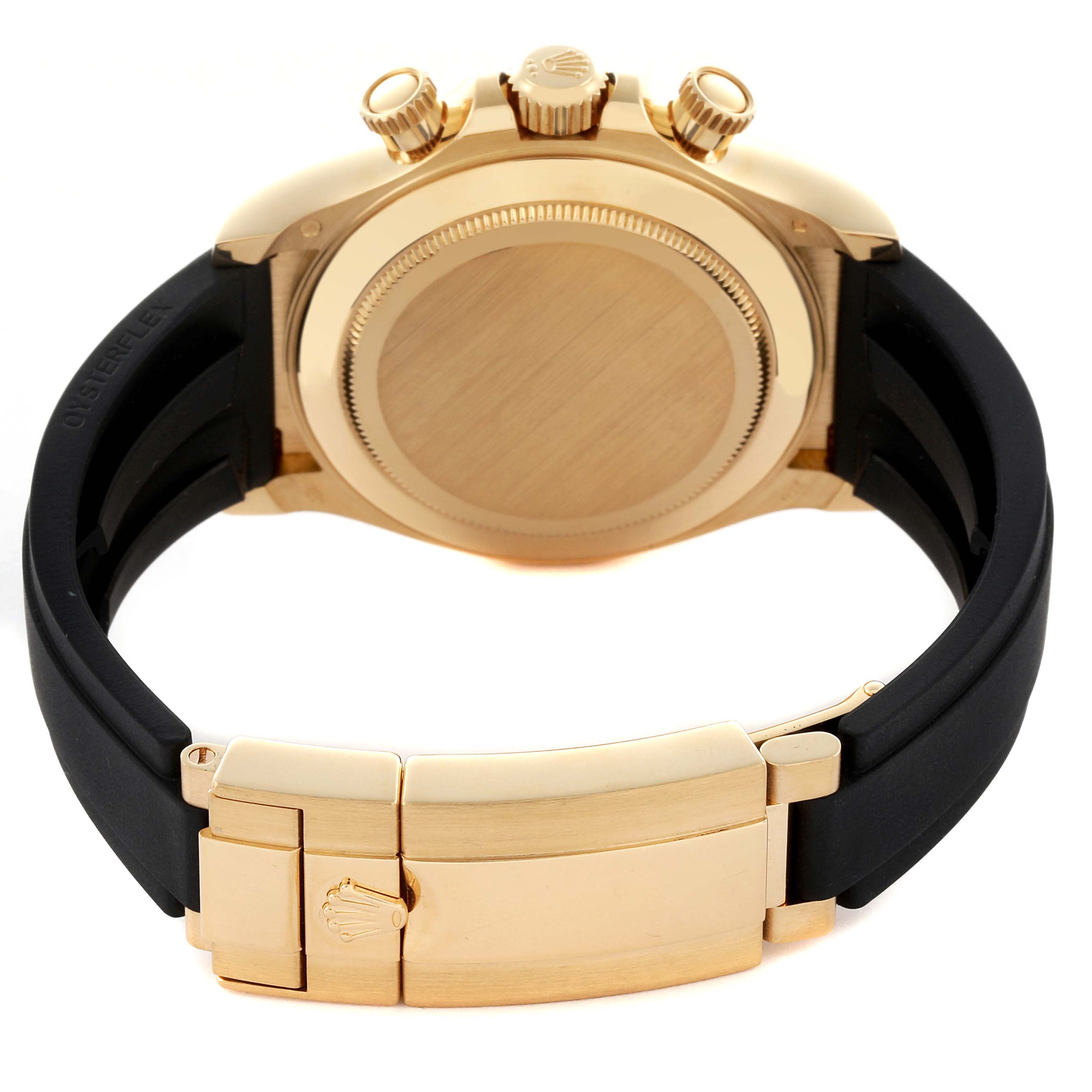 The image shows the back and clasp of a Rolex Daytona 116518LN Men's Yellow Gold Mother of Pearl Dial 116518LN Men's Yellow Gold Mother of Pearl Dial watch, highlighting its gold case and black strap.