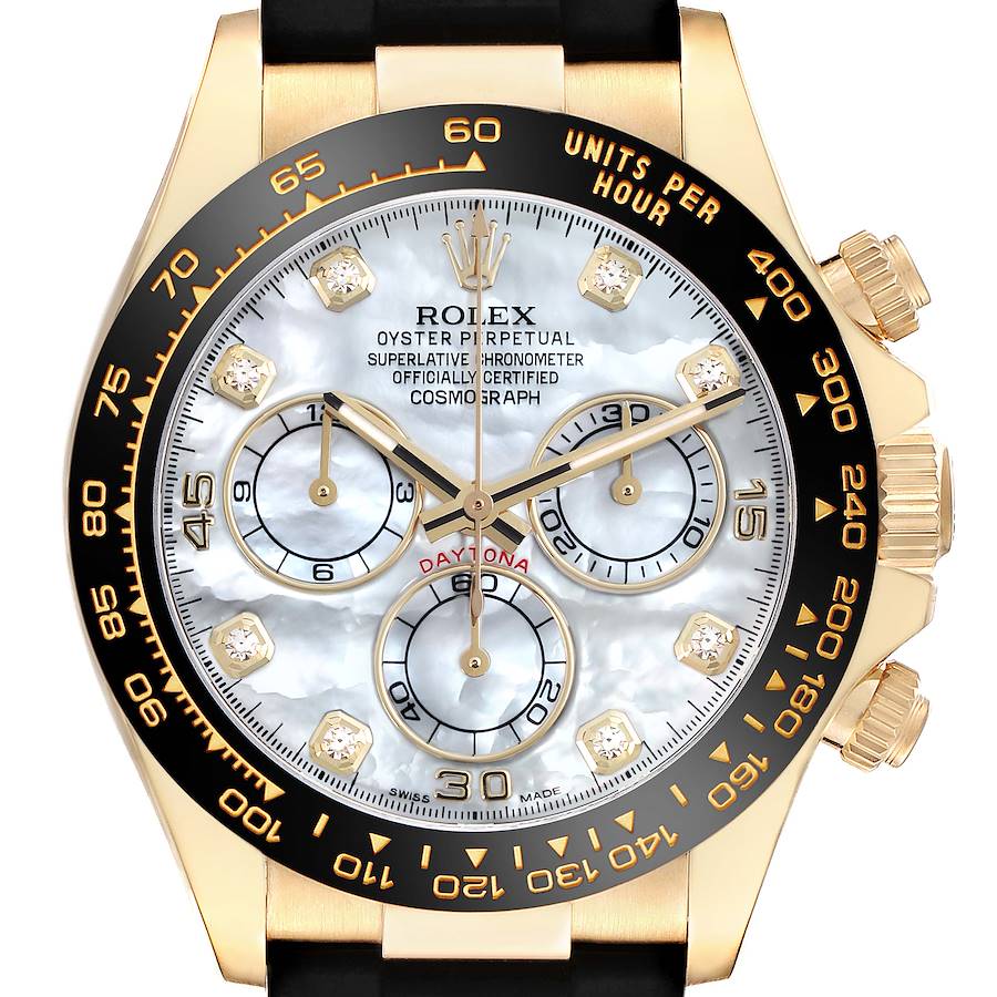 The Rolex Daytona watch is shown head-on, highlighting its dial, bezel, and crown.