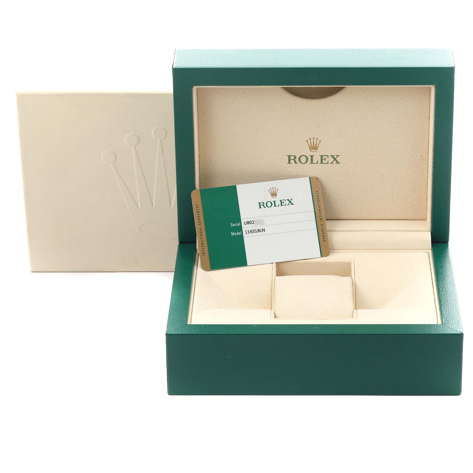 The image shows a Rolex Daytona 116518LN Men's Yellow Gold Mother of Pearl Dial 116518LN Men's Yellow Gold Mother of Pearl Dial watch box with a warranty card, displayed at an angle highlighting the interior.