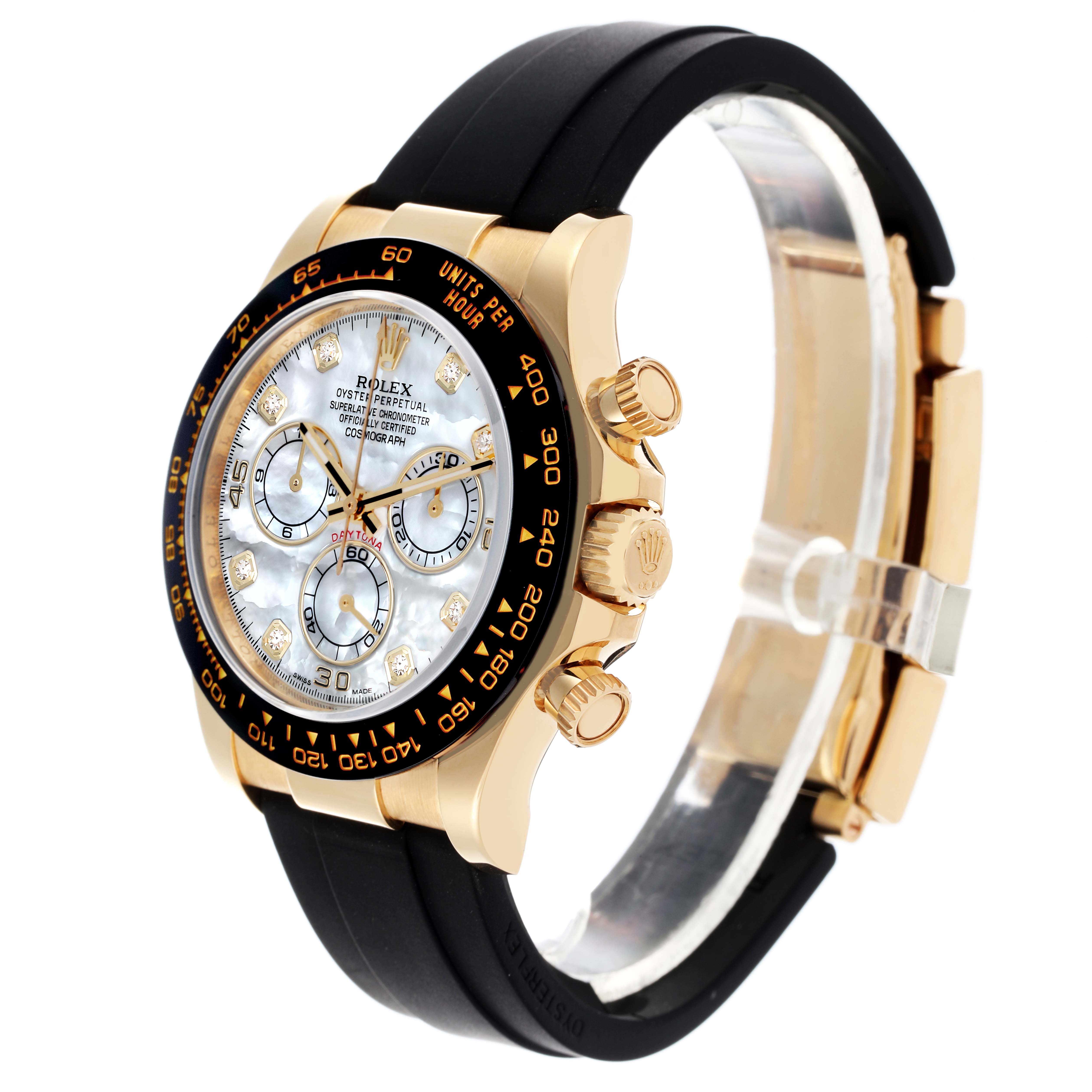 The Rolex Daytona 116518LN Men's Yellow Gold Mother of Pearl Dial 116518LN Men's Yellow Gold Mother of Pearl Dial is shown from a side angle highlighting its case, bezel, crown, pushers, and strap.