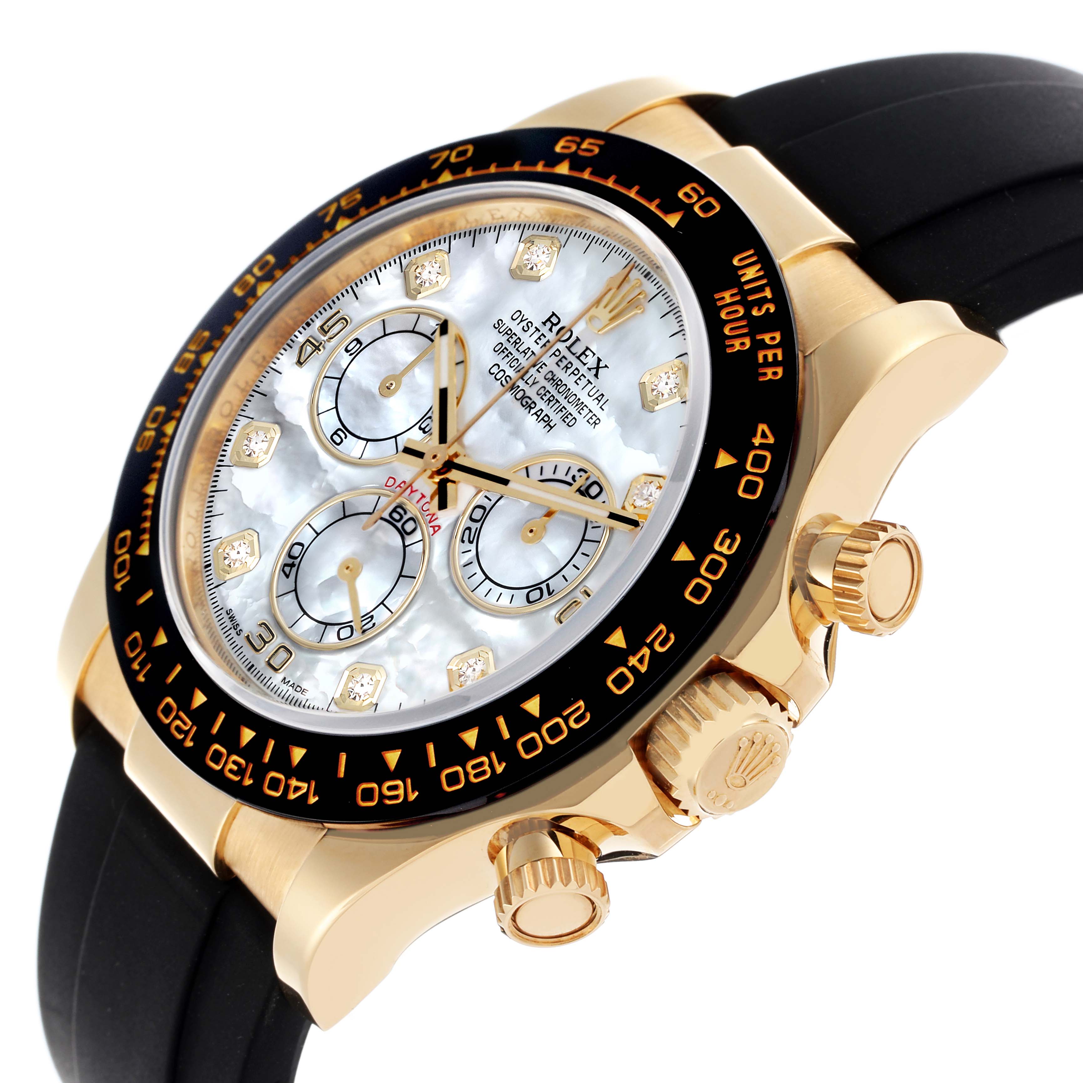 The Rolex Daytona 116518LN Men's Yellow Gold Mother of Pearl Dial 116518LN Men's Yellow Gold Mother of Pearl Dial watch is shown at an angle highlighting the case, bezel, dial, and pushers.
