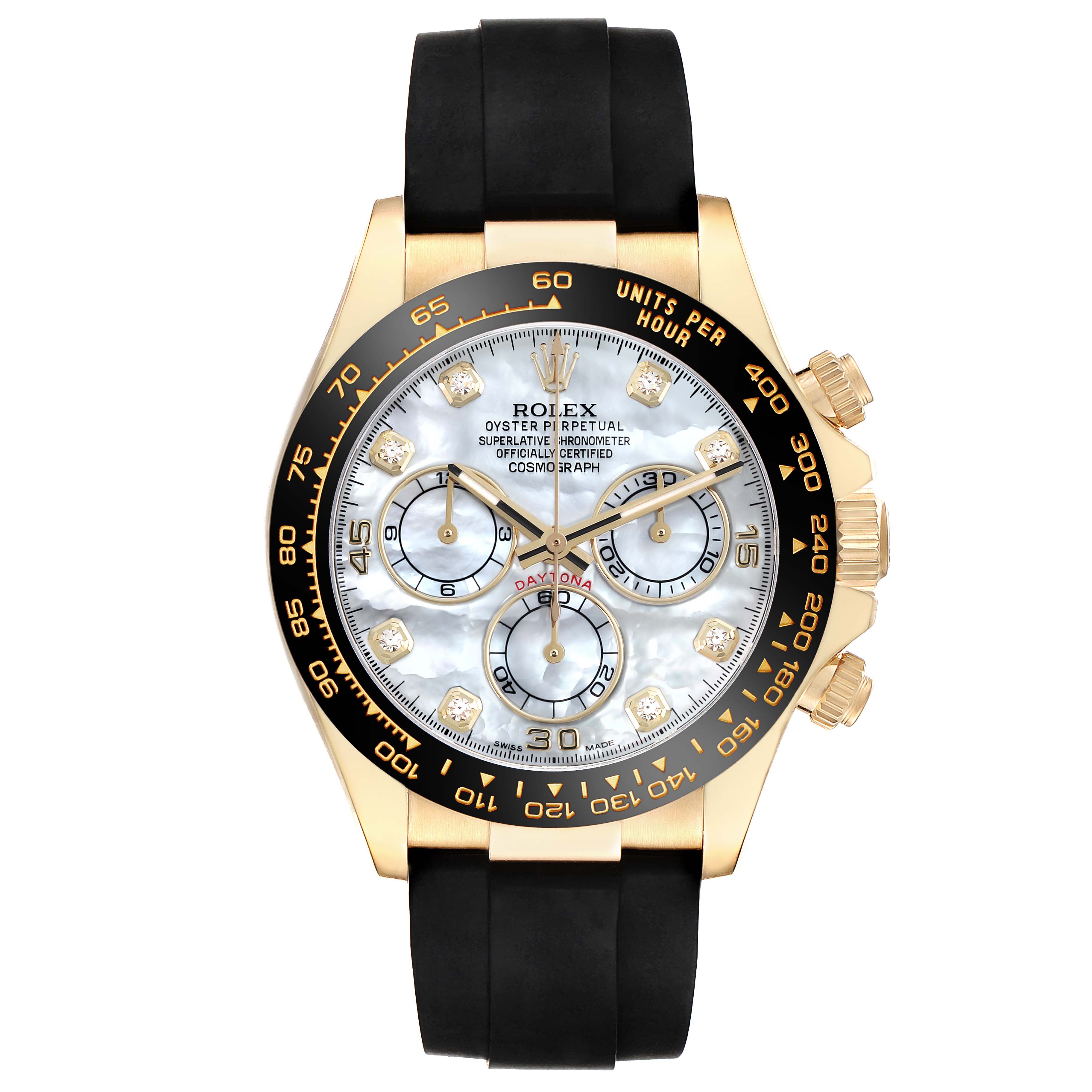 The Rolex Daytona 116518LN Men's Yellow Gold Mother of Pearl Dial 116518LN Men's Yellow Gold Mother of Pearl Dial watch is shown from a front angle, highlighting the face, bezel, and rubber strap.