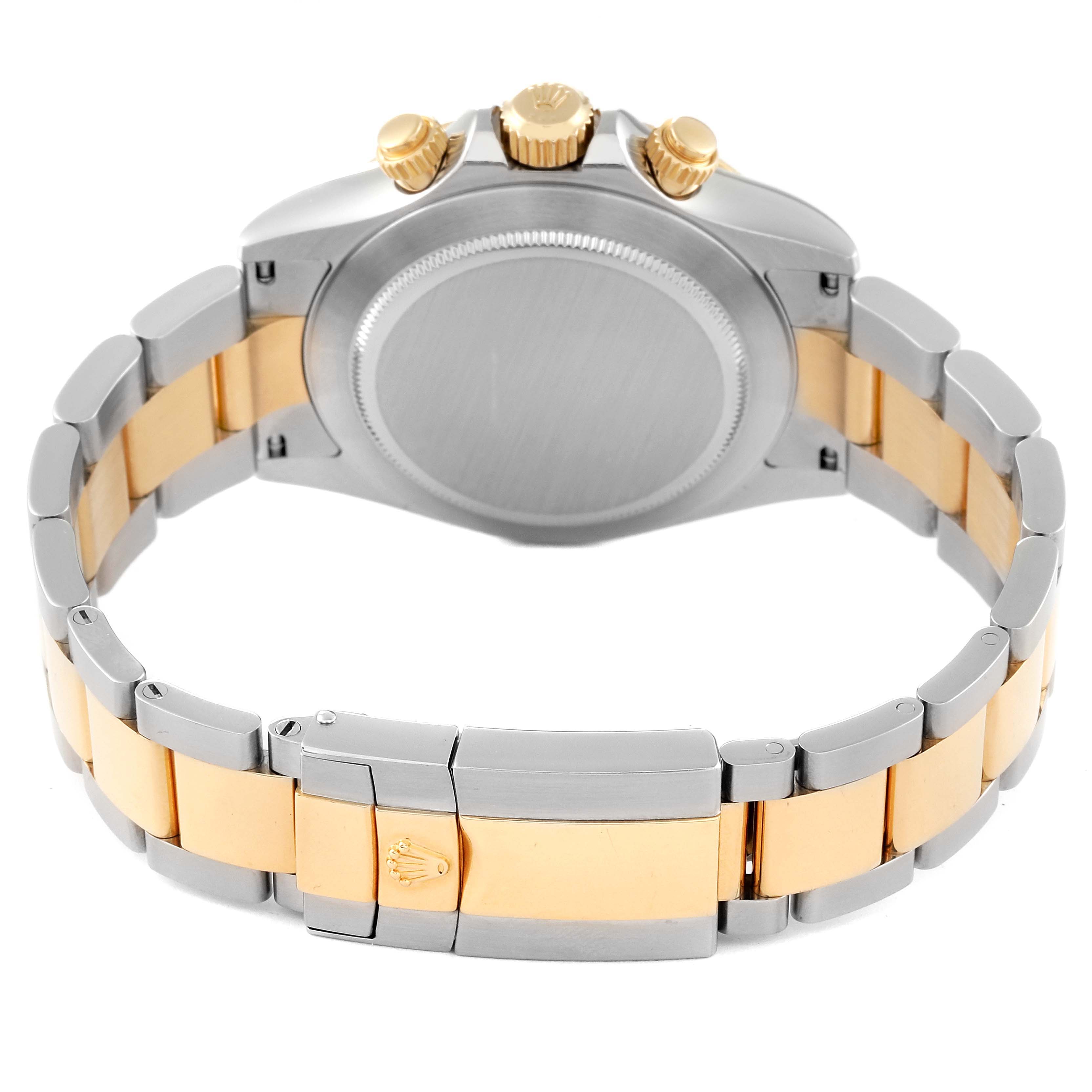 The image shows the back of a Rolex Daytona 116523 Men's Steel and Gold (two tone) Mother of Pearl Dial 116523 Men's Steel and Gold (two tone) Mother of Pearl Dial watch, focusing on the bracelet and case back from a rear angle.